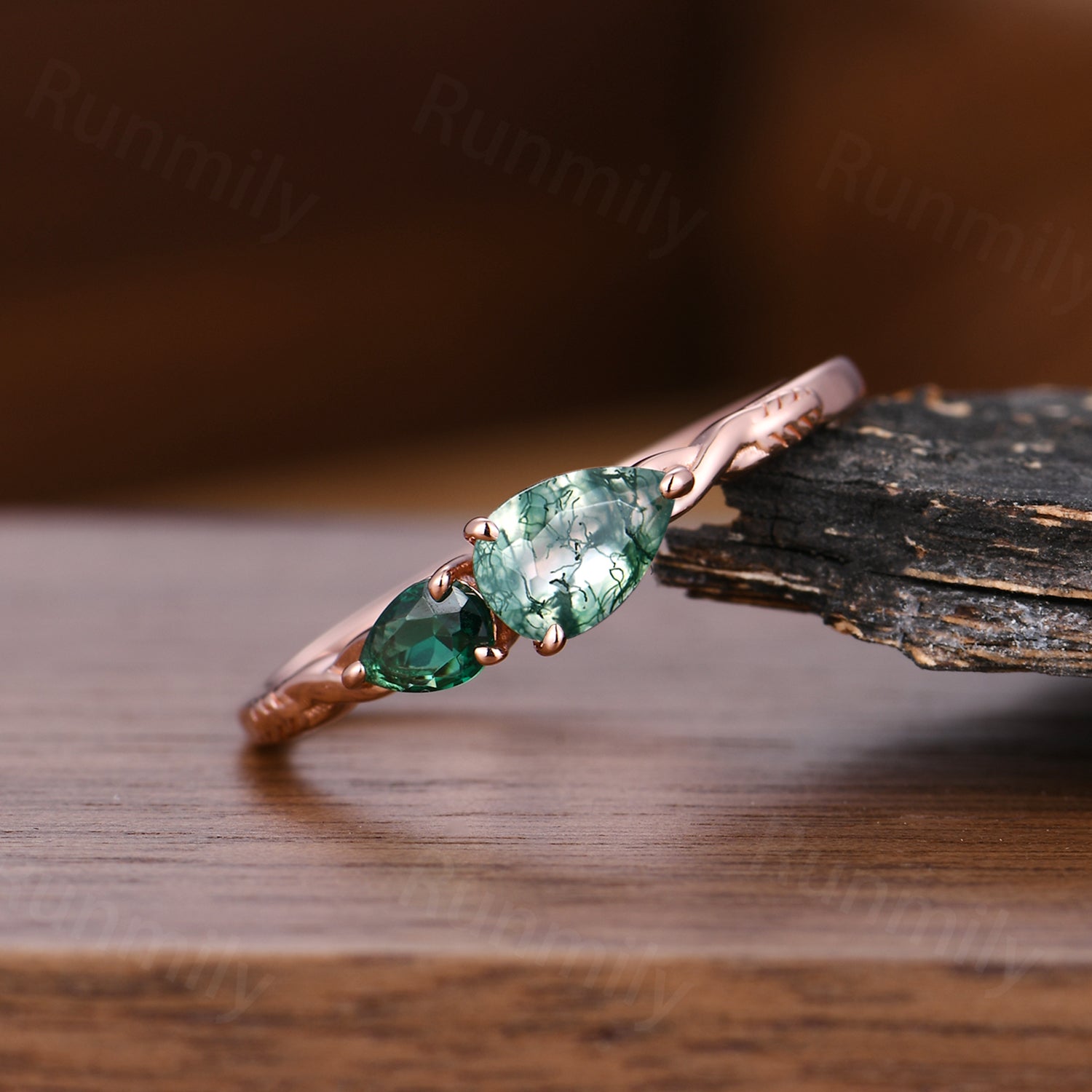Vintage Moss Agate Emerald Engagement Ring Rose Gold Pear Cut Ring Anniversary Art Deco 2 Stone Custom Wedding Band Unique Women Ring