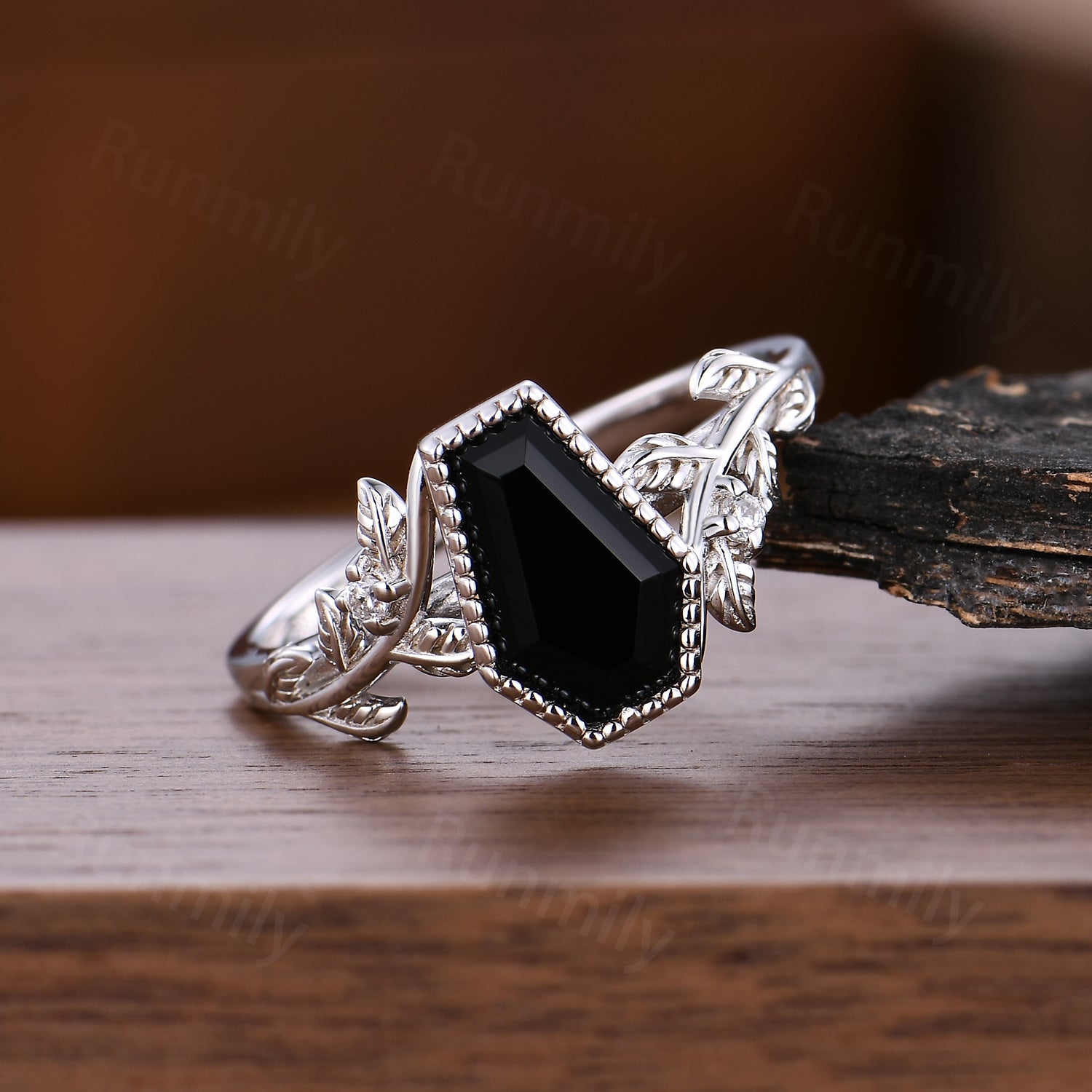 Art Deco Coffin Cut Black Onyx Ring, 14k White Gold Leaf Ring