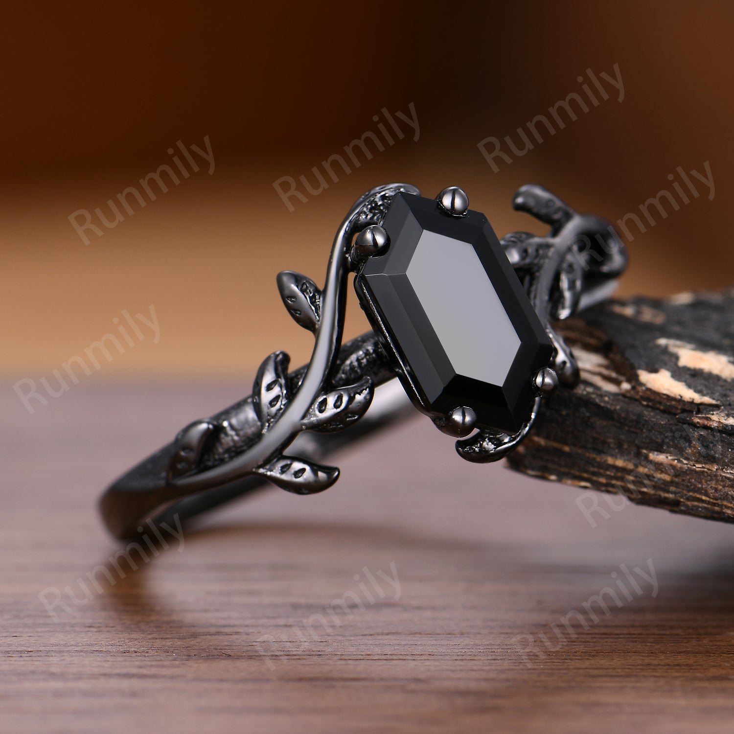 Vintage Twig Leaf Black Onyx Ring Women Unique Nature Inspired Engagement Ring Black Gold Wedding Ring Black Gemstone Ring Bridal Promise Gift