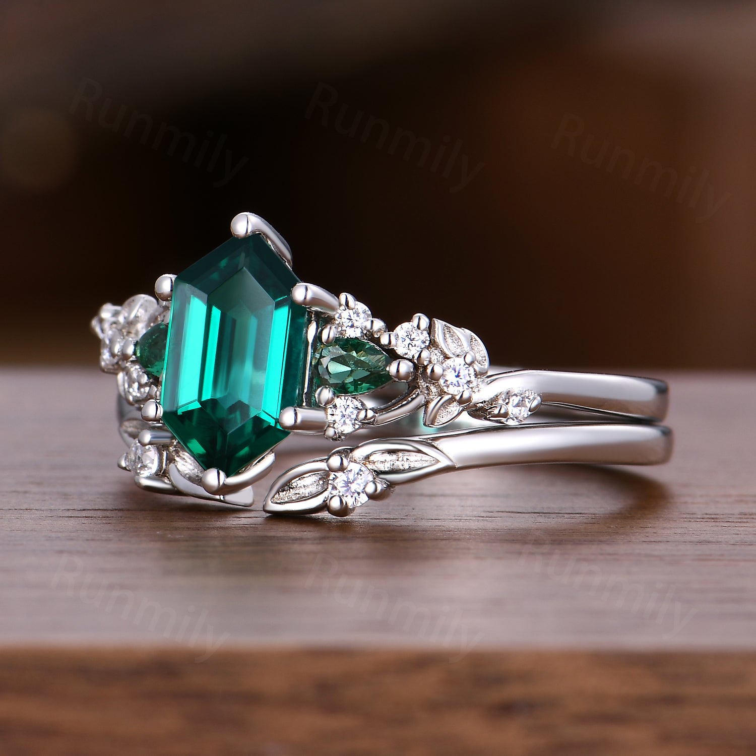 Vintage Emerald Engagement Ring Set Sterling Silver Unique Open Gap Leaf Ring Hexagon Cut Bridal Set Green Promise Ring