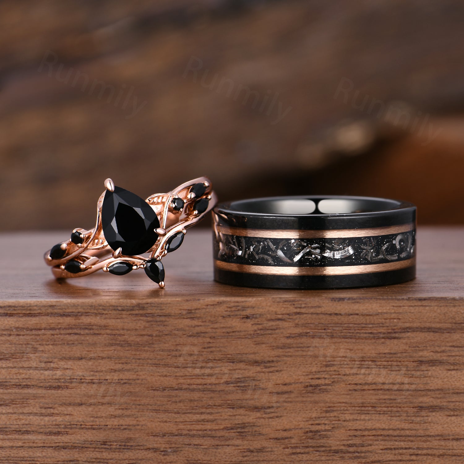 Vintage Black Onyx Couples Ring Set Unique Pear Cut Bridal Ring Rose Gold His and Hers Wedding Bands Mens Tungsten Ring Black Gemstone Rings