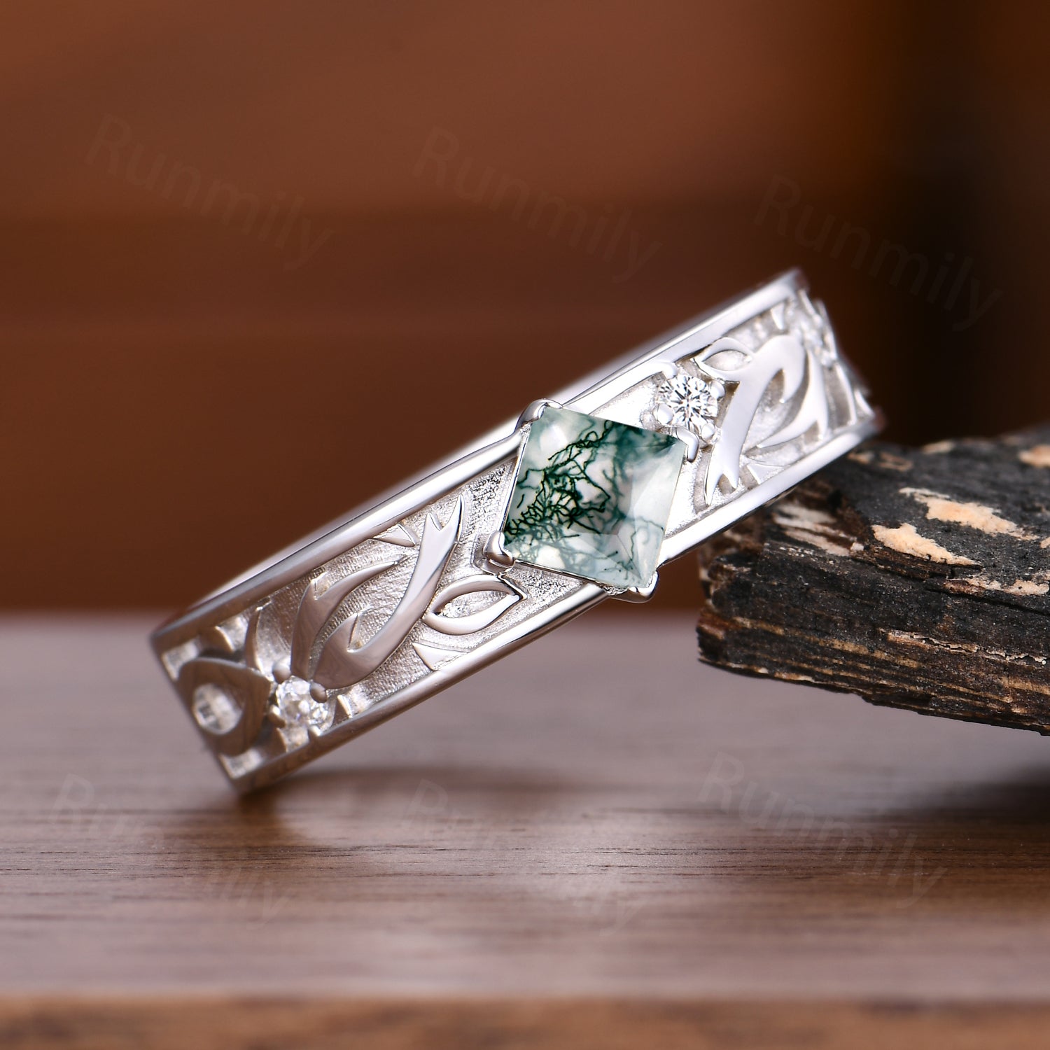 Mens Natural Moss Agate Wedding Band Silver Princess Cut Ring Nature Inspired Moissanite Band Vintage Ring For Husband/Father