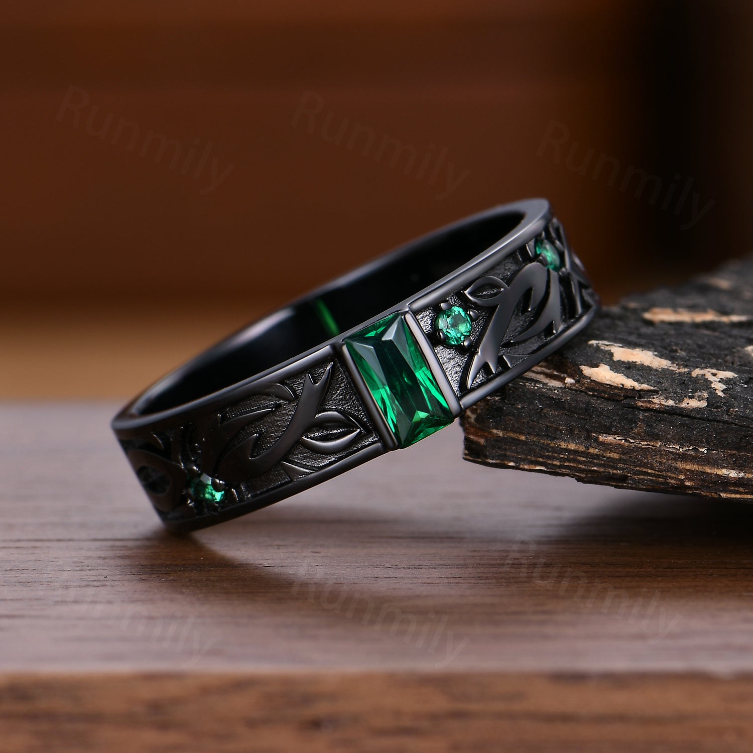 Nature Inspired Emerald Wedding Band For Men's Black Gold Promise Ring Baguette Cut Band