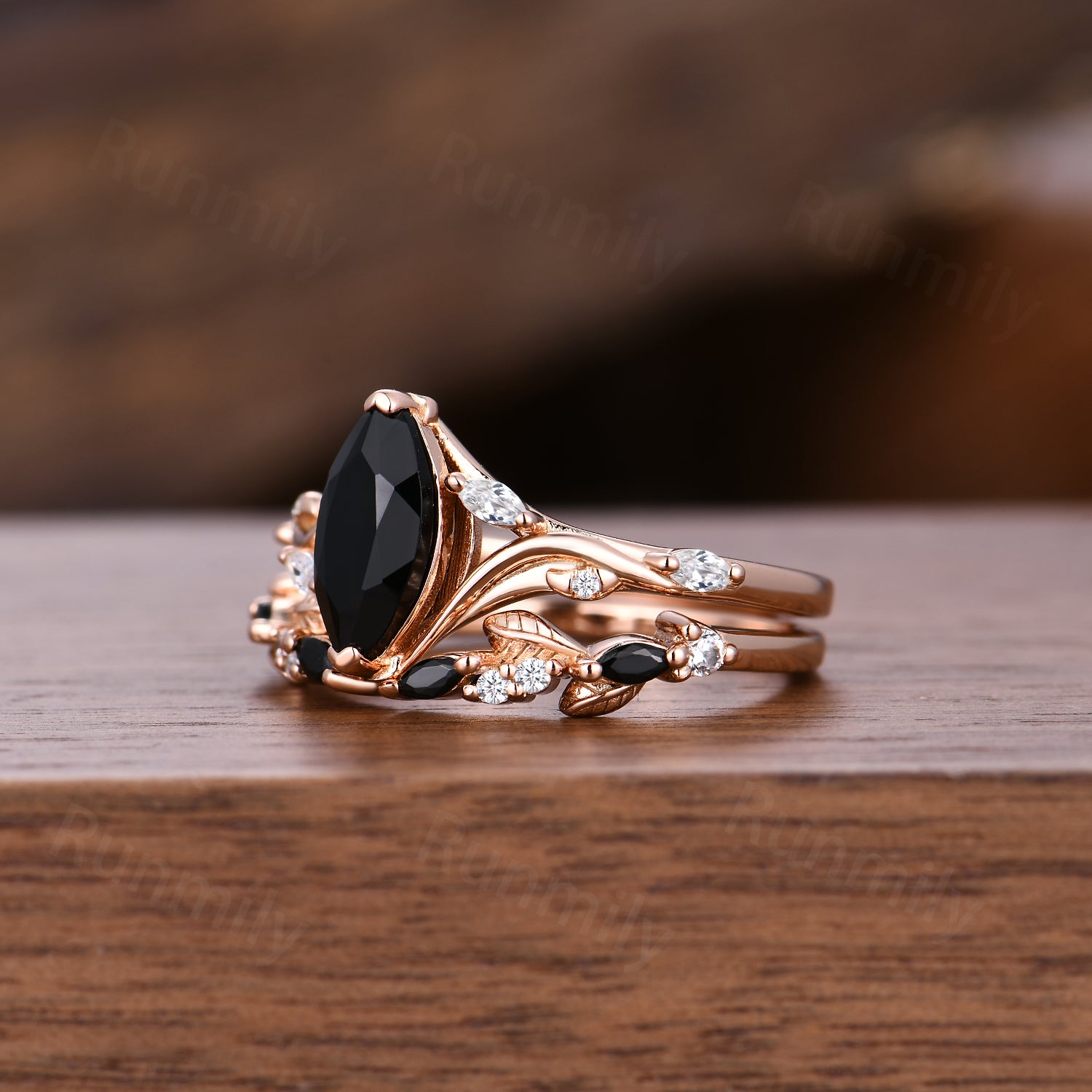 Marquise cut Black Onyx engagement ring set unique twig moissanite ring women open gap wedding band nature inspired Bridal Promise ring