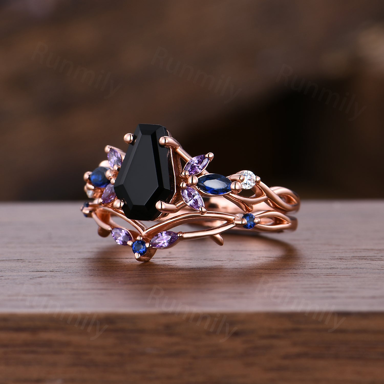Gothic Coffin Cut Black Onyx Engagement Ring Set Unique Blue Sapphire Amethyst Wedding Ring Twig Curved Stacking Bridal Ring Set