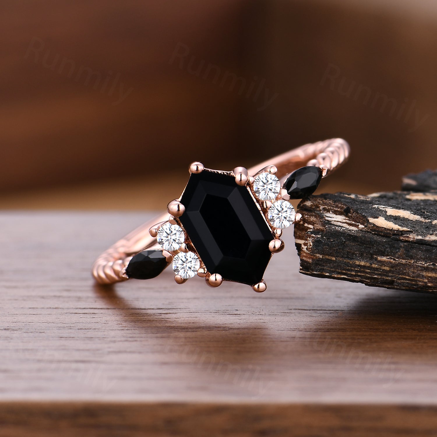 Retro Hexagon Black Onyx Engagement Ring Unique 7 Stone Twisted Wedding Ring Black Gem Bridal Ring Anniversary Gift For Women