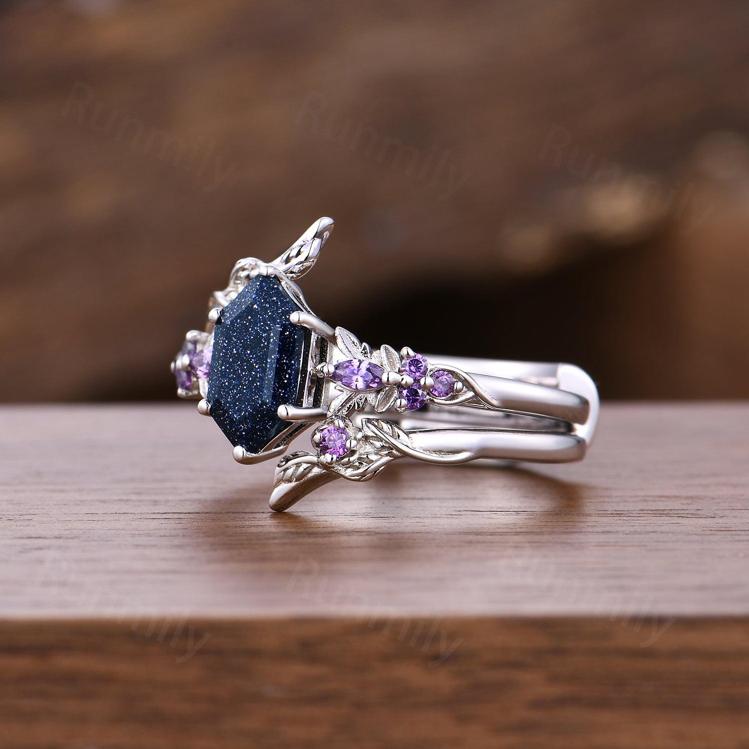 Hexagon cut Blue Sandstone engagement ring set women 14k white gold amethyst branch leaf cluster wedding band enhancer promise ring for her