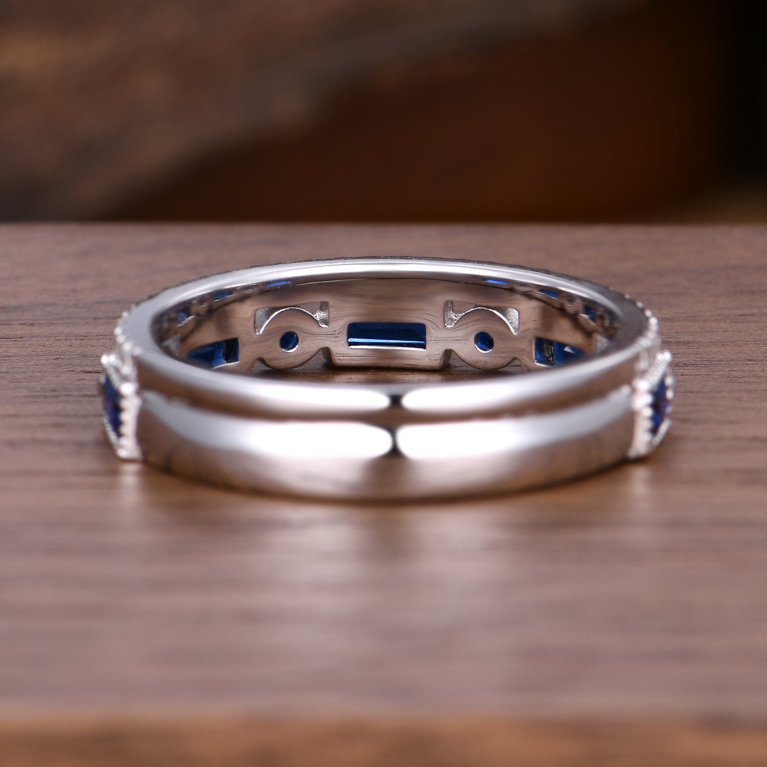 Baguette Blue Sapphire Wedding Band: Sterling Silver Half Eternity Ring