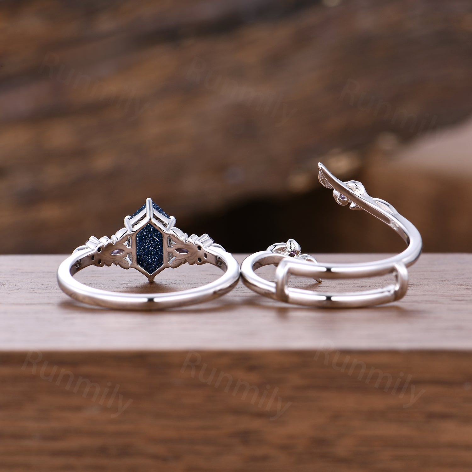 Hexagon cut Blue Sandstone engagement ring set women 14k white gold amethyst branch leaf cluster wedding band enhancer promise ring for her