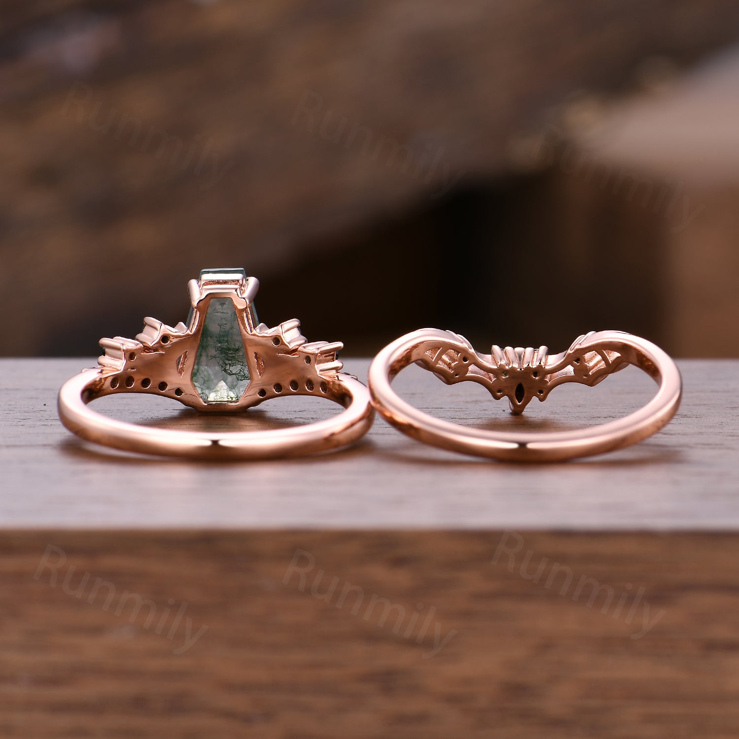 Gothic Bat Wing Moss Agate Engagement Ring Unique Rose Gold Black Spinel Wedding Ring Vampire Bridal Ring Set