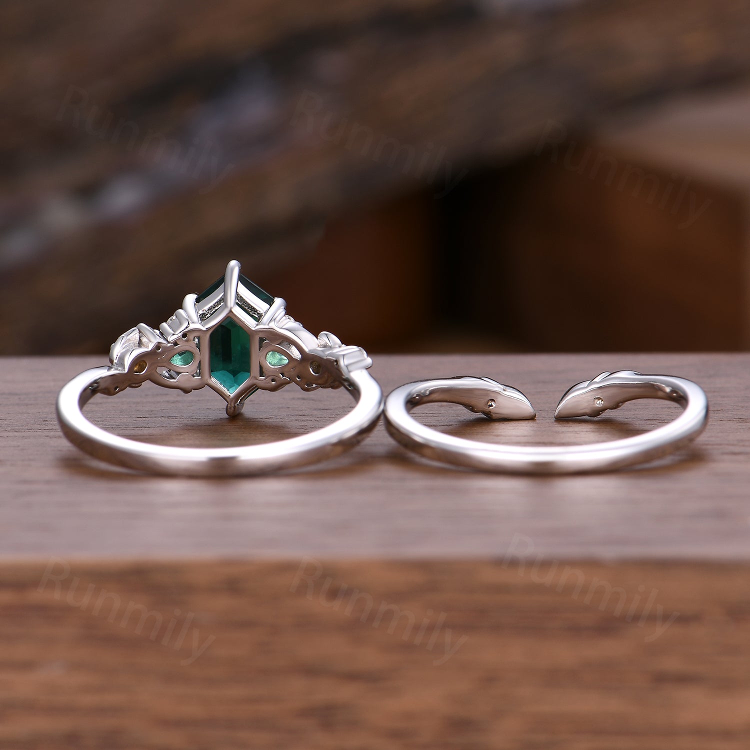 Vintage Emerald Engagement Ring Set Sterling Silver Unique Open Gap Leaf Ring Hexagon Cut Bridal Set Green Promise Ring