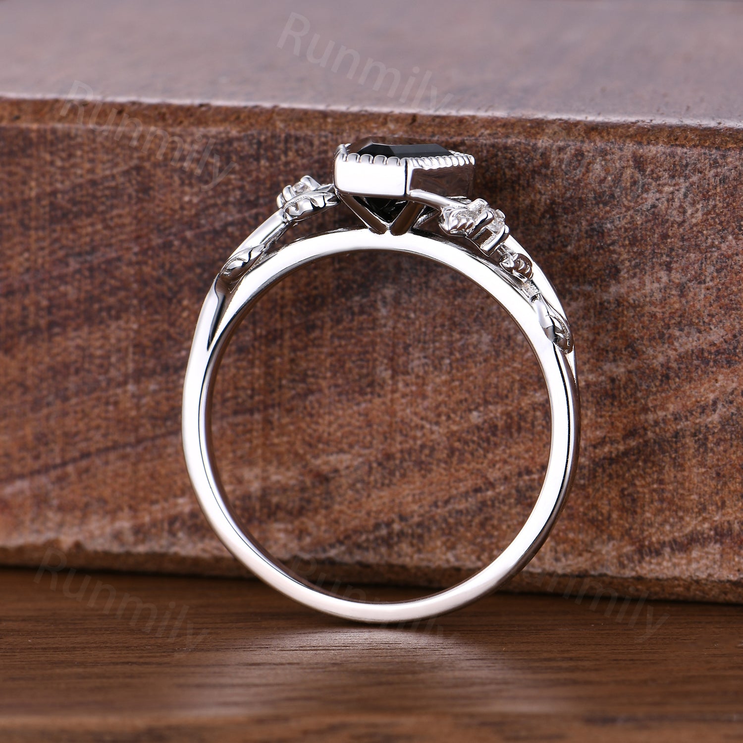 Art Deco Coffin Cut Black Onyx Ring, 14k White Gold Leaf Ring