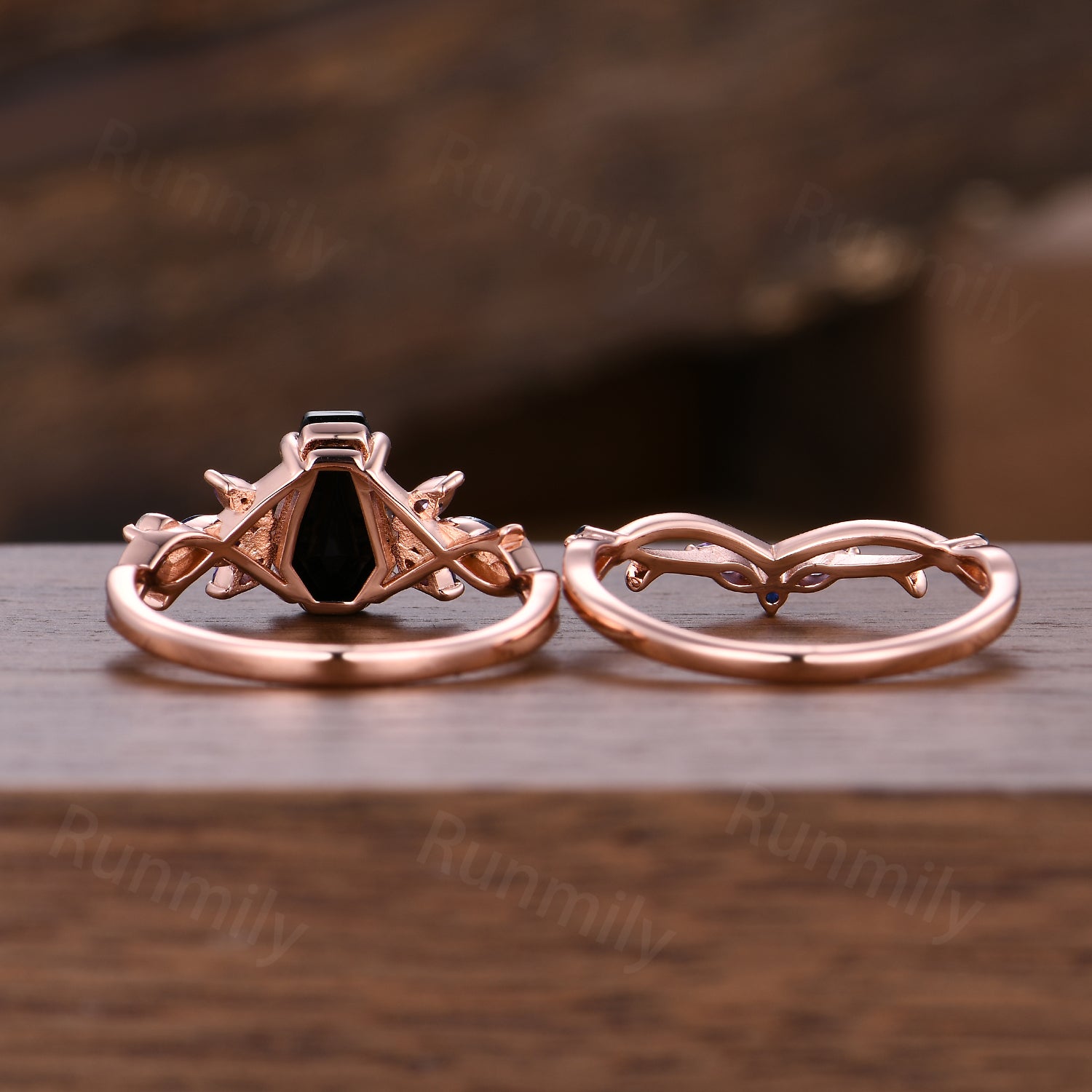 Gothic Coffin Cut Black Onyx Engagement Ring Set Unique Blue Sapphire Amethyst Wedding Ring Twig Curved Stacking Bridal Ring Set