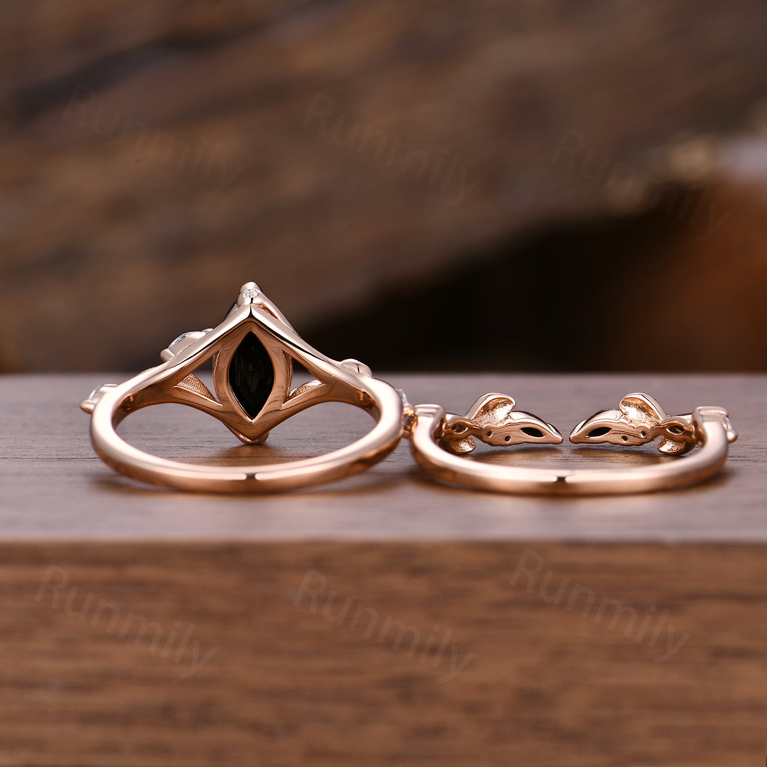 Marquise cut Black Onyx engagement ring set unique twig moissanite ring women open gap wedding band nature inspired Bridal Promise ring