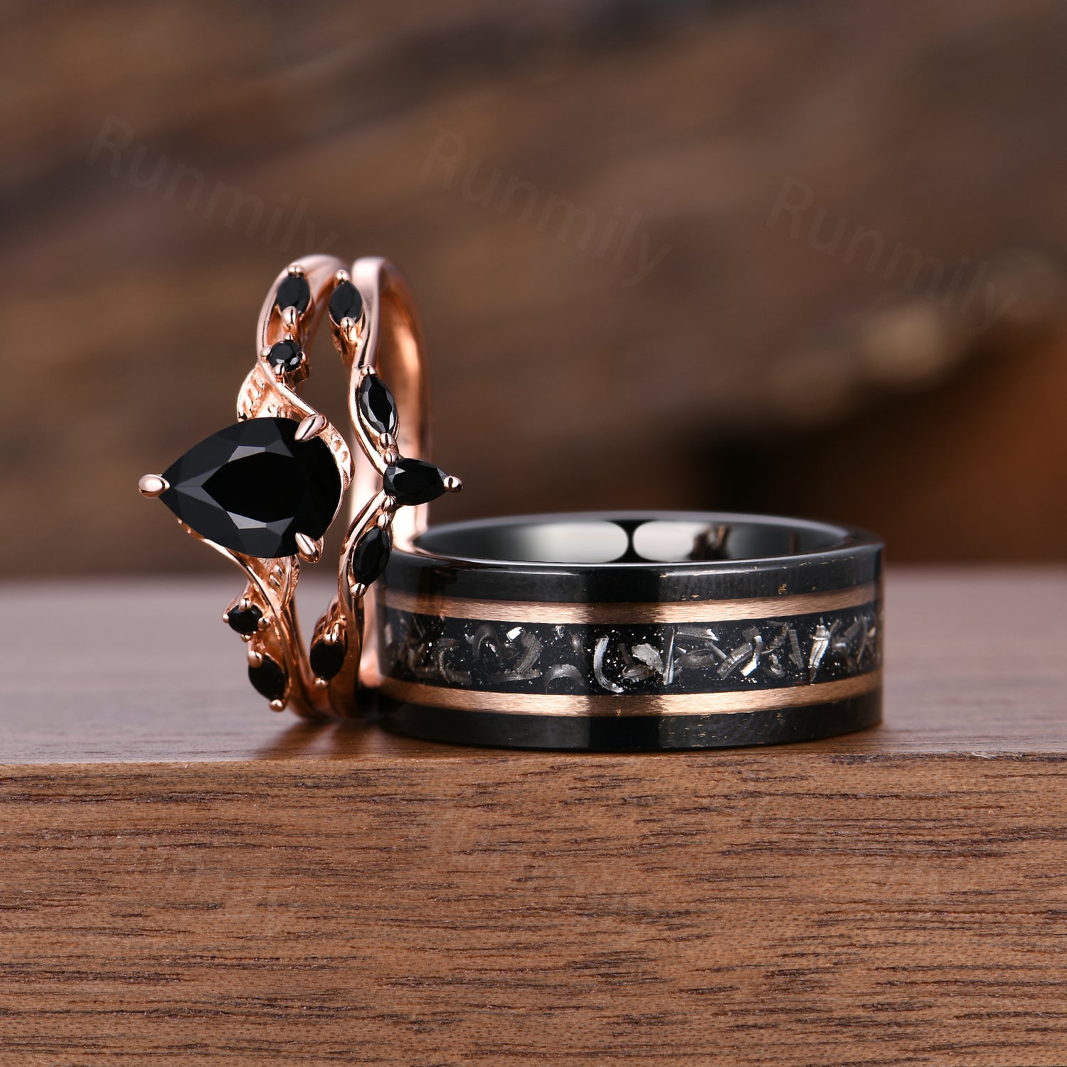Vintage Black Onyx Couples Ring Set Unique Pear Cut Bridal Ring Rose Gold His and Hers Wedding Bands Mens Tungsten Ring Black Gemstone Rings