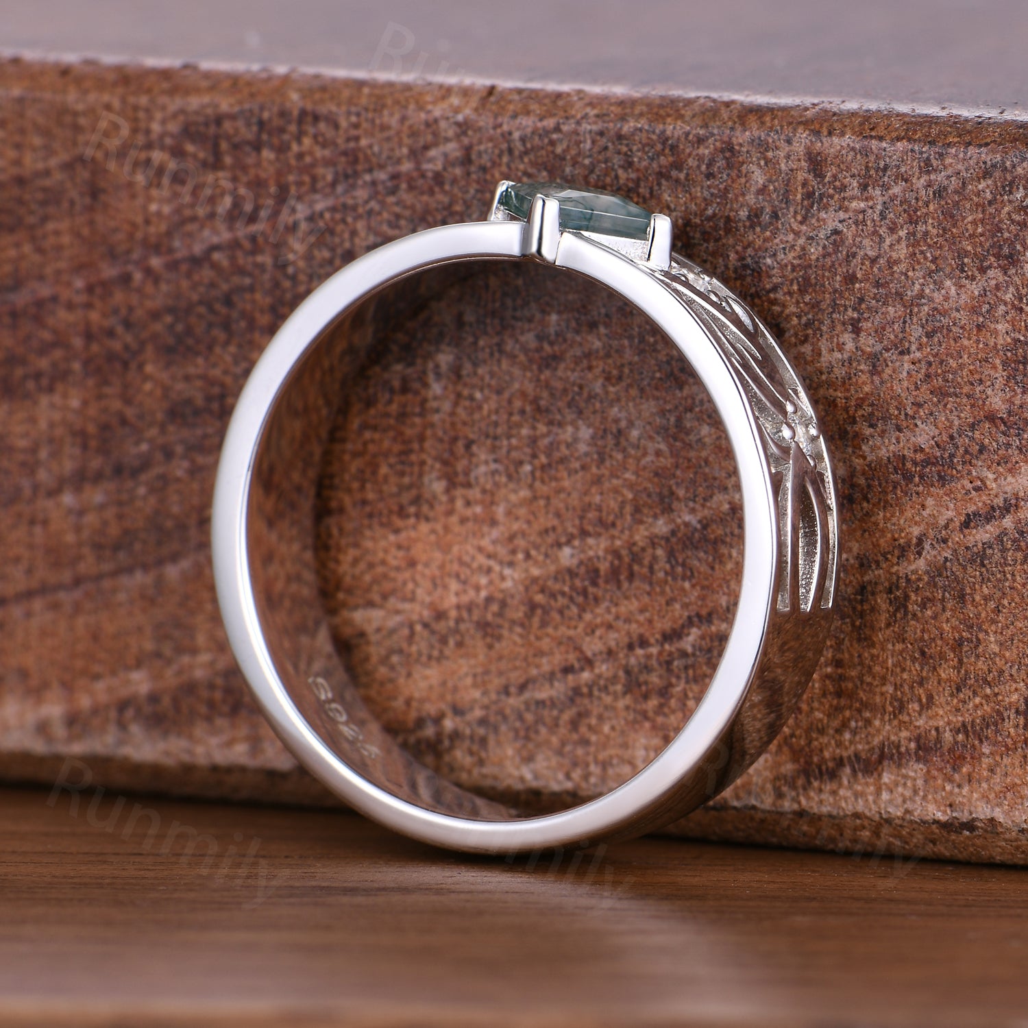 Mens Natural Moss Agate Wedding Band Silver Princess Cut Ring Nature Inspired Moissanite Band Vintage Ring For Husband/Father