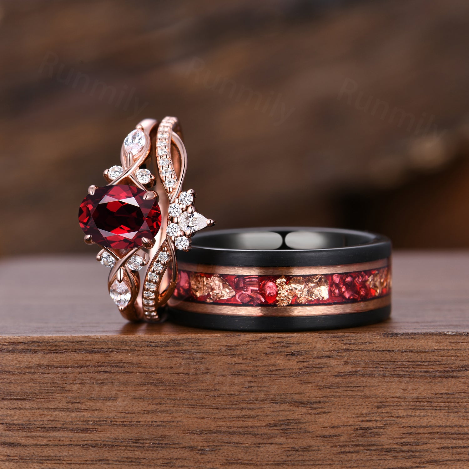 Vintage Oval Ruby Couples Ring Set Unique Cluster Bridal Ring Rose Gold His and Hers Wedding Bands Mens Ruby Tungsten Ring Promise Rings