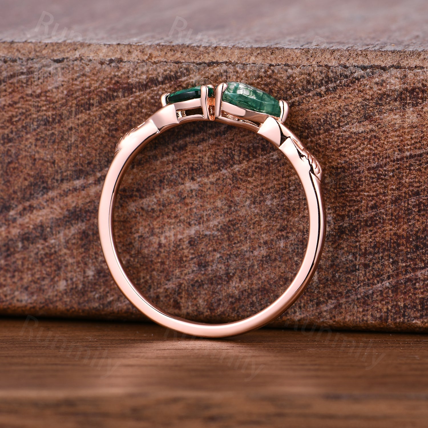 Vintage Moss Agate Emerald Engagement Ring Rose Gold Pear Cut Ring Anniversary Art Deco 2 Stone Custom Wedding Band Unique Women Ring