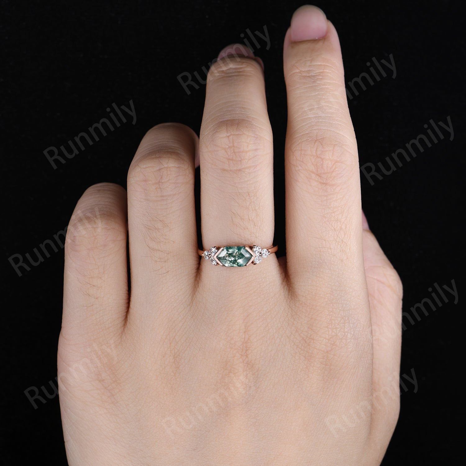 Unique Moss Agate Engagement Ring Women Solid Rose Gold Wedding Ring Vintage Cluster Moissanite Promise Ring Anniversary Gift For Her