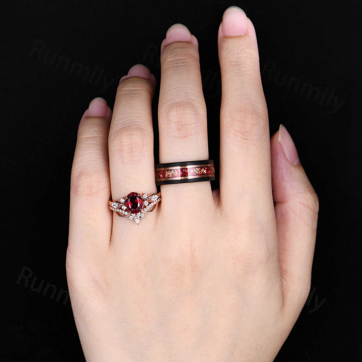 Vintage Oval Ruby Couples Ring Set Unique Cluster Bridal Ring Rose Gold His and Hers Wedding Bands Mens Ruby Tungsten Ring Promise Rings