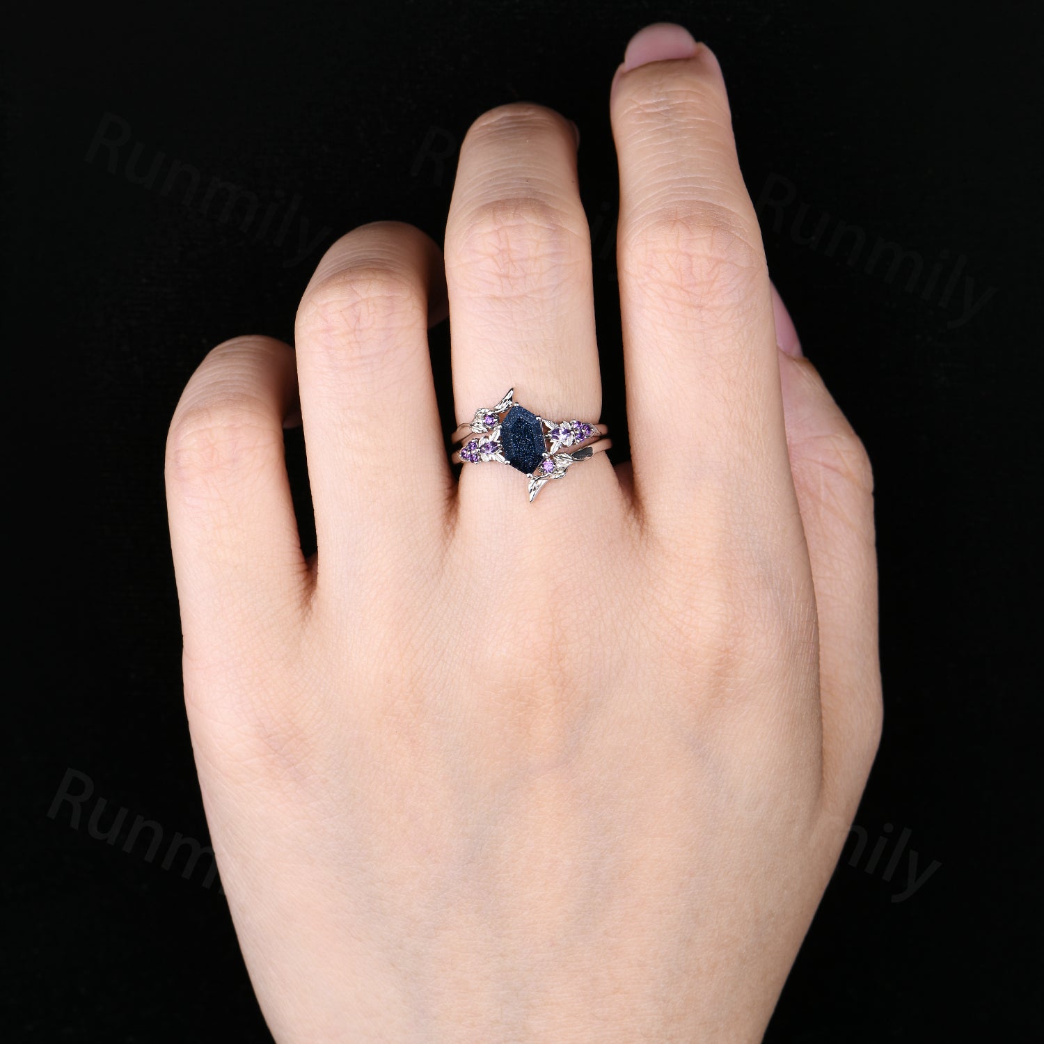 Hexagon cut Blue Sandstone engagement ring set women 14k white gold amethyst branch leaf cluster wedding band enhancer promise ring for her