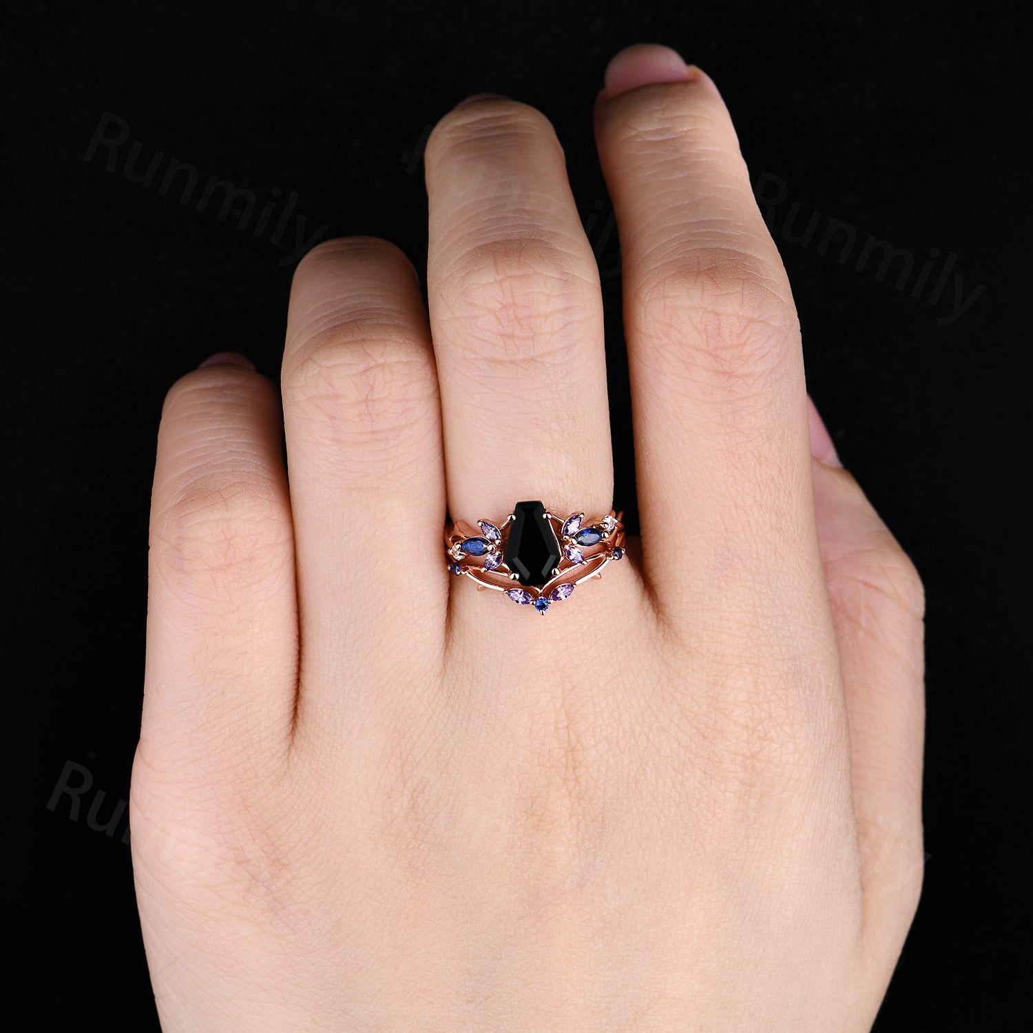Gothic Coffin Cut Black Onyx Engagement Ring Set Unique Blue Sapphire Amethyst Wedding Ring Twig Curved Stacking Bridal Ring Set