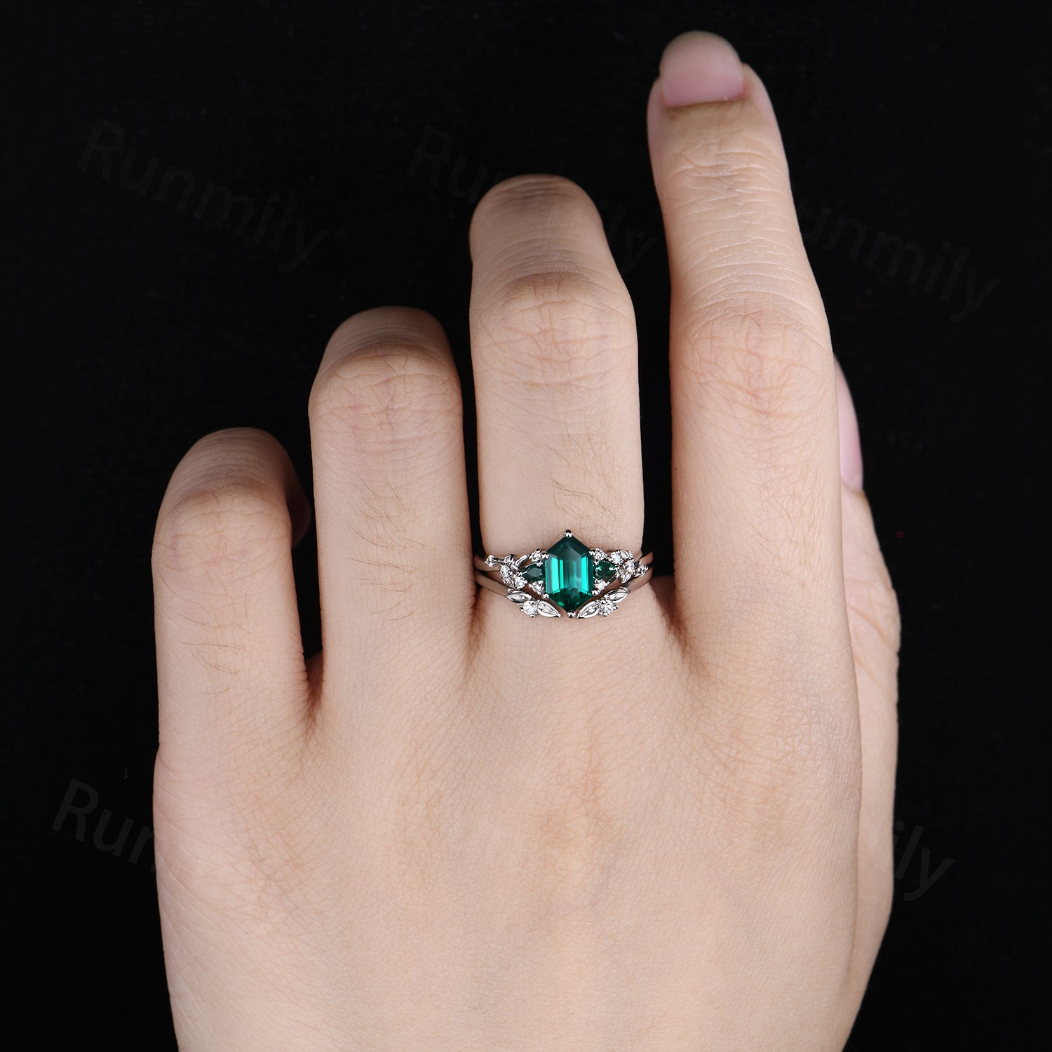 Vintage Emerald Engagement Ring Set Sterling Silver Unique Open Gap Leaf Ring Hexagon Cut Bridal Set Green Promise Ring