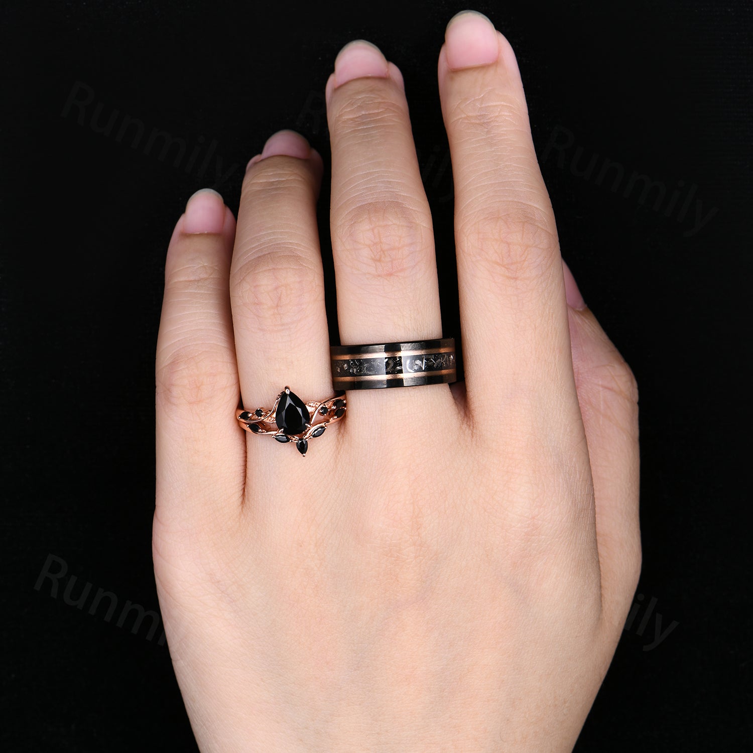 Vintage Black Onyx Couples Ring Set Unique Pear Cut Bridal Ring Rose Gold His and Hers Wedding Bands Mens Tungsten Ring Black Gemstone Rings