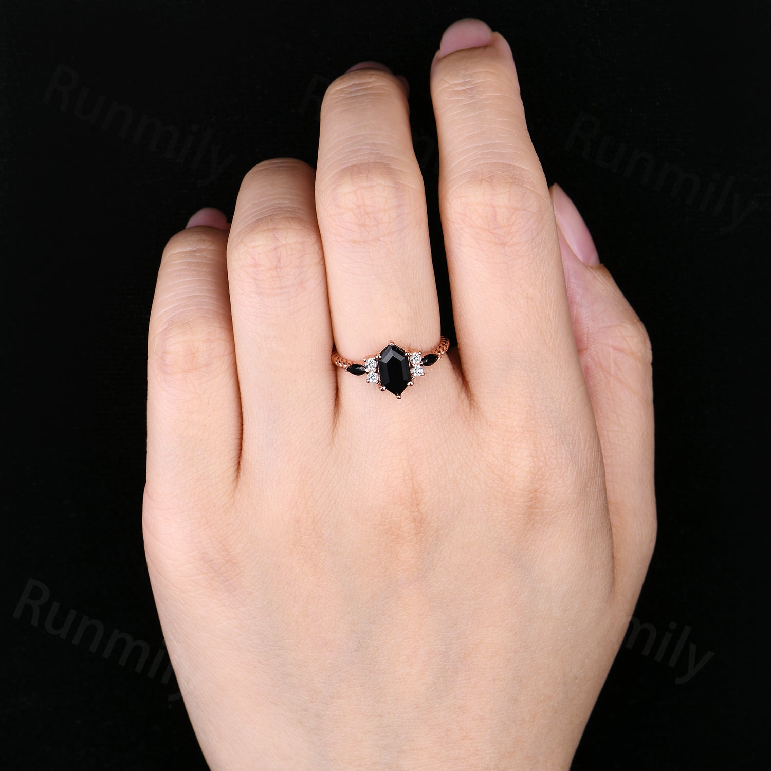 Retro Hexagon Black Onyx Engagement Ring Unique 7 Stone Twisted Wedding Ring Black Gem Bridal Ring Anniversary Gift For Women