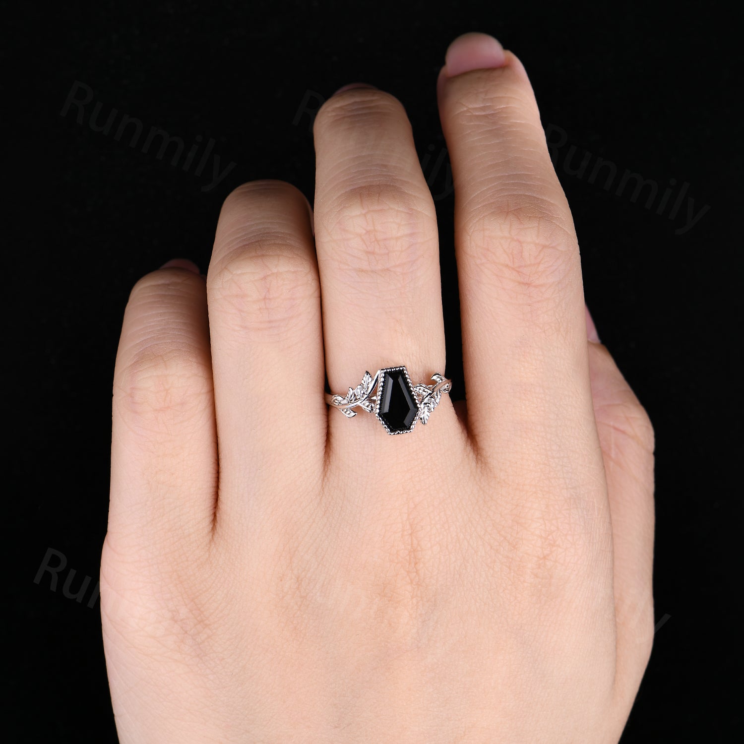 Art Deco Coffin Cut Black Onyx Ring, 14k White Gold Leaf Ring