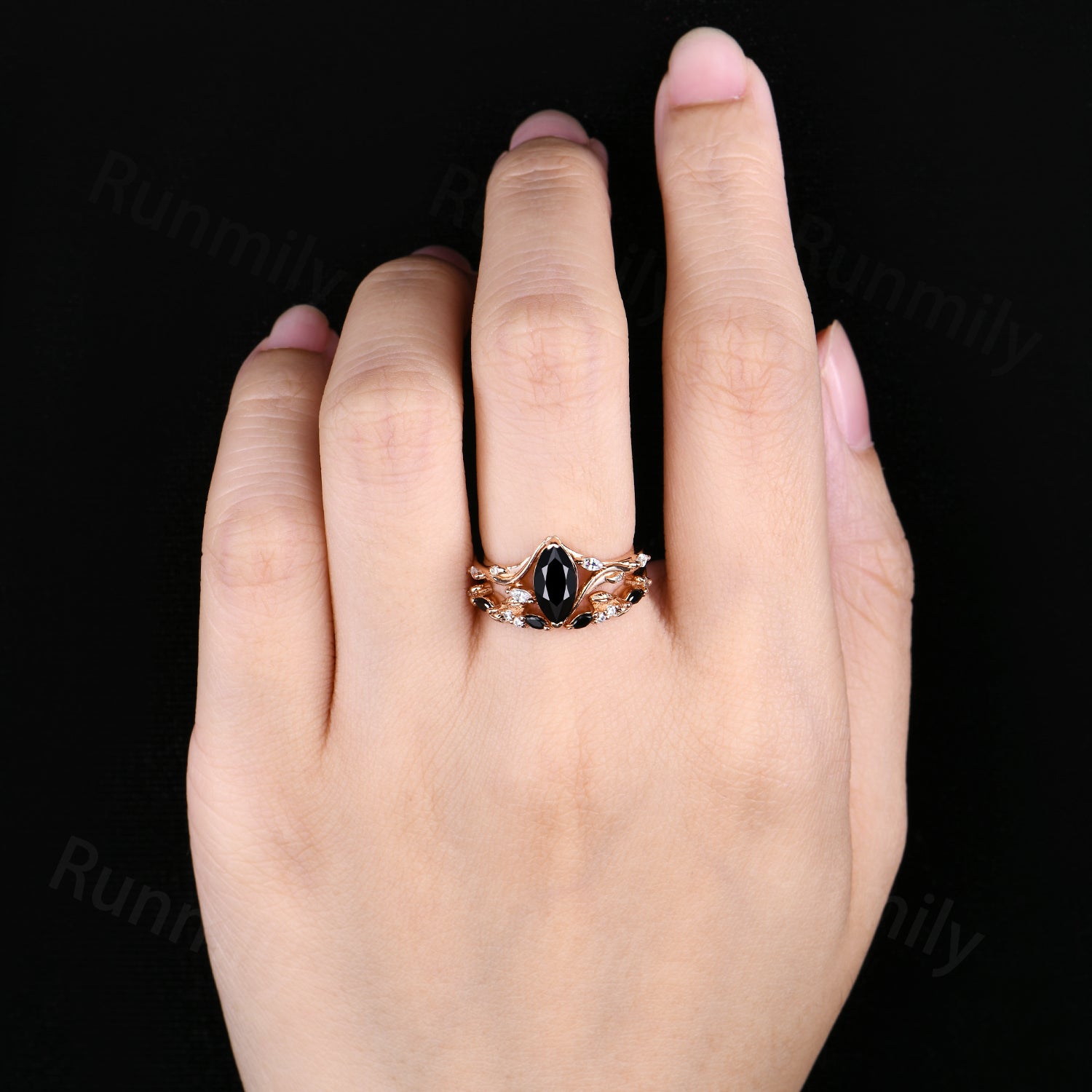 Marquise cut Black Onyx engagement ring set unique twig moissanite ring women open gap wedding band nature inspired Bridal Promise ring