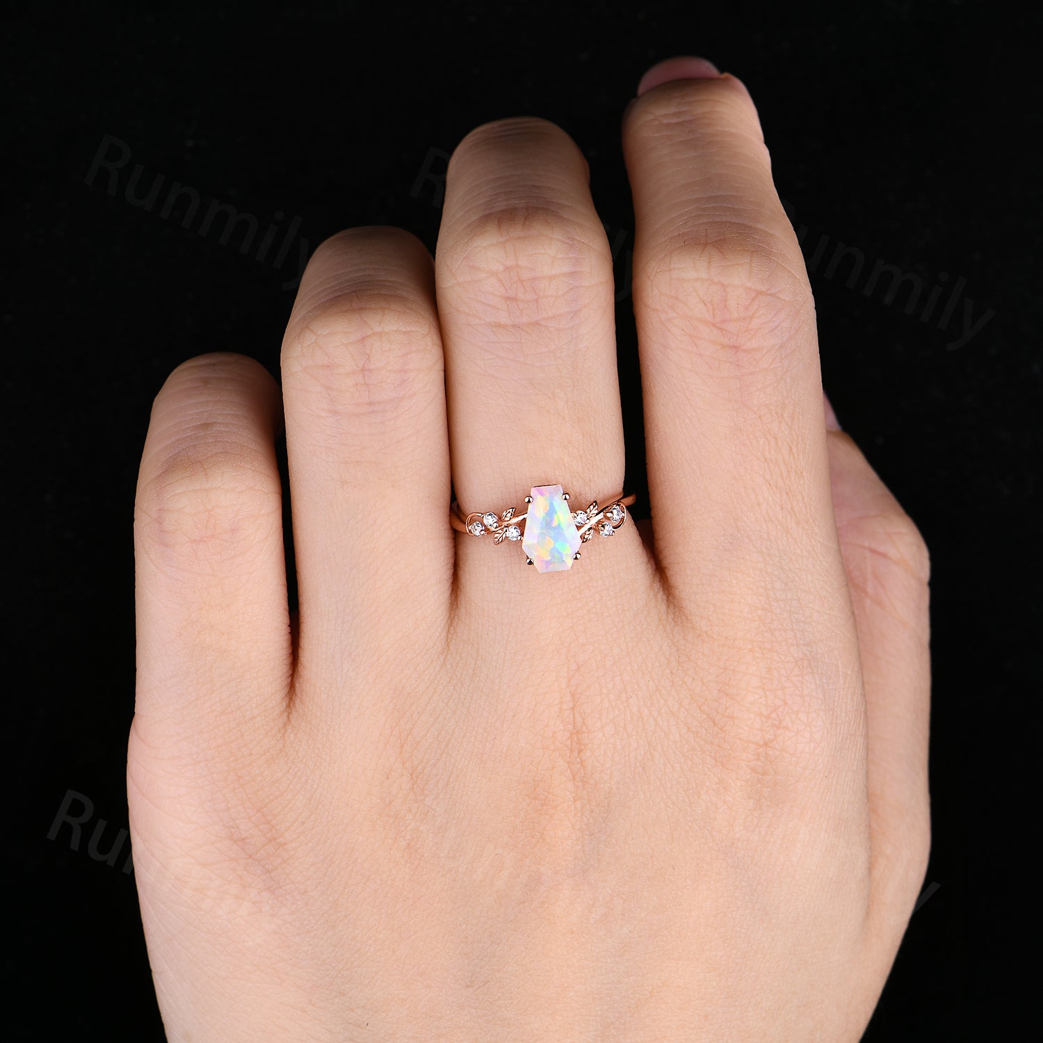 Coffin Cut Opal Engagement Ring, 14k Rose Gold Twig Leaf Moissanite Ring