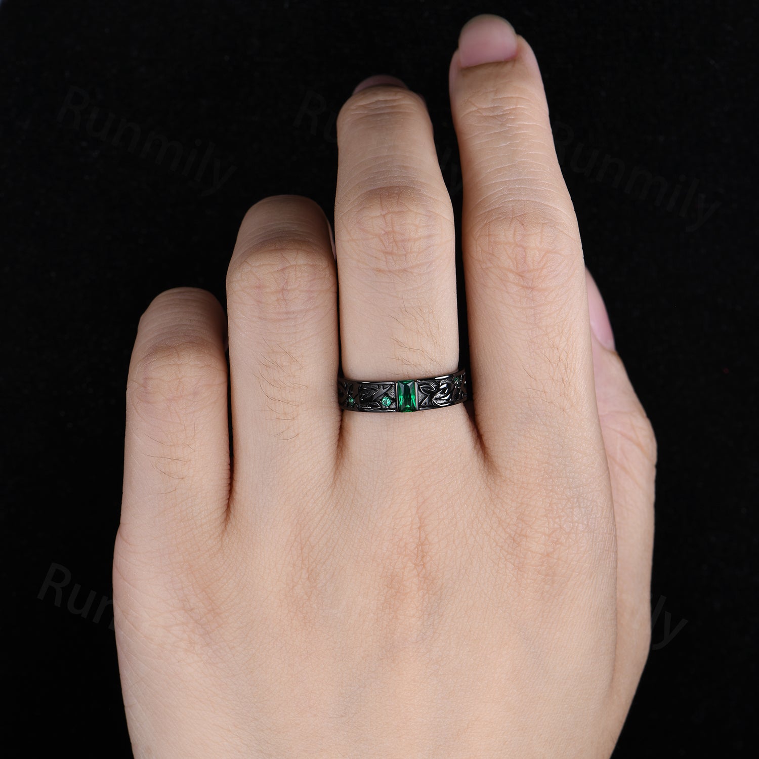 Nature Inspired Emerald Wedding Band For Men's Black Gold Promise Ring Baguette Cut Band