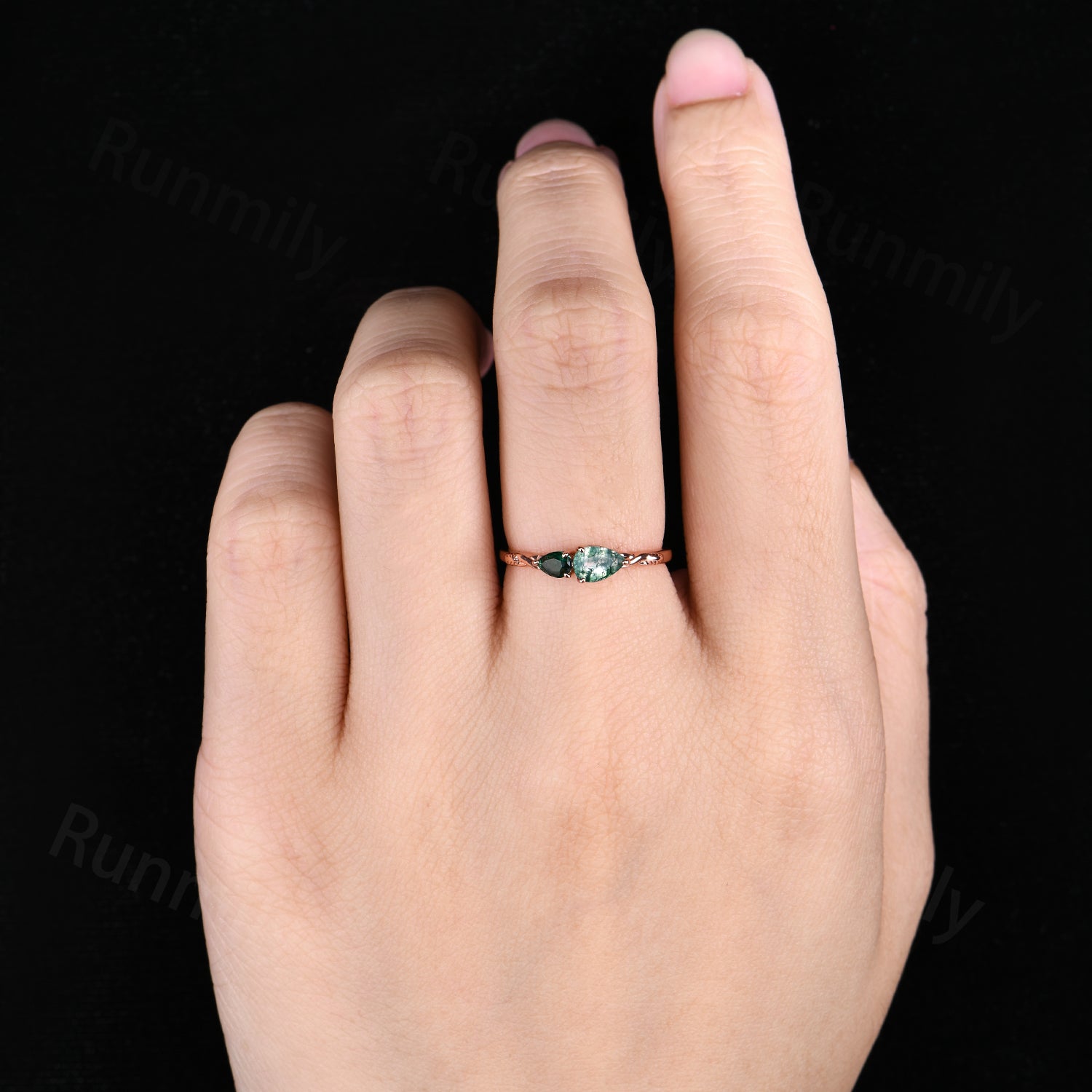 Vintage Moss Agate Emerald Engagement Ring Rose Gold Pear Cut Ring Anniversary Art Deco 2 Stone Custom Wedding Band Unique Women Ring