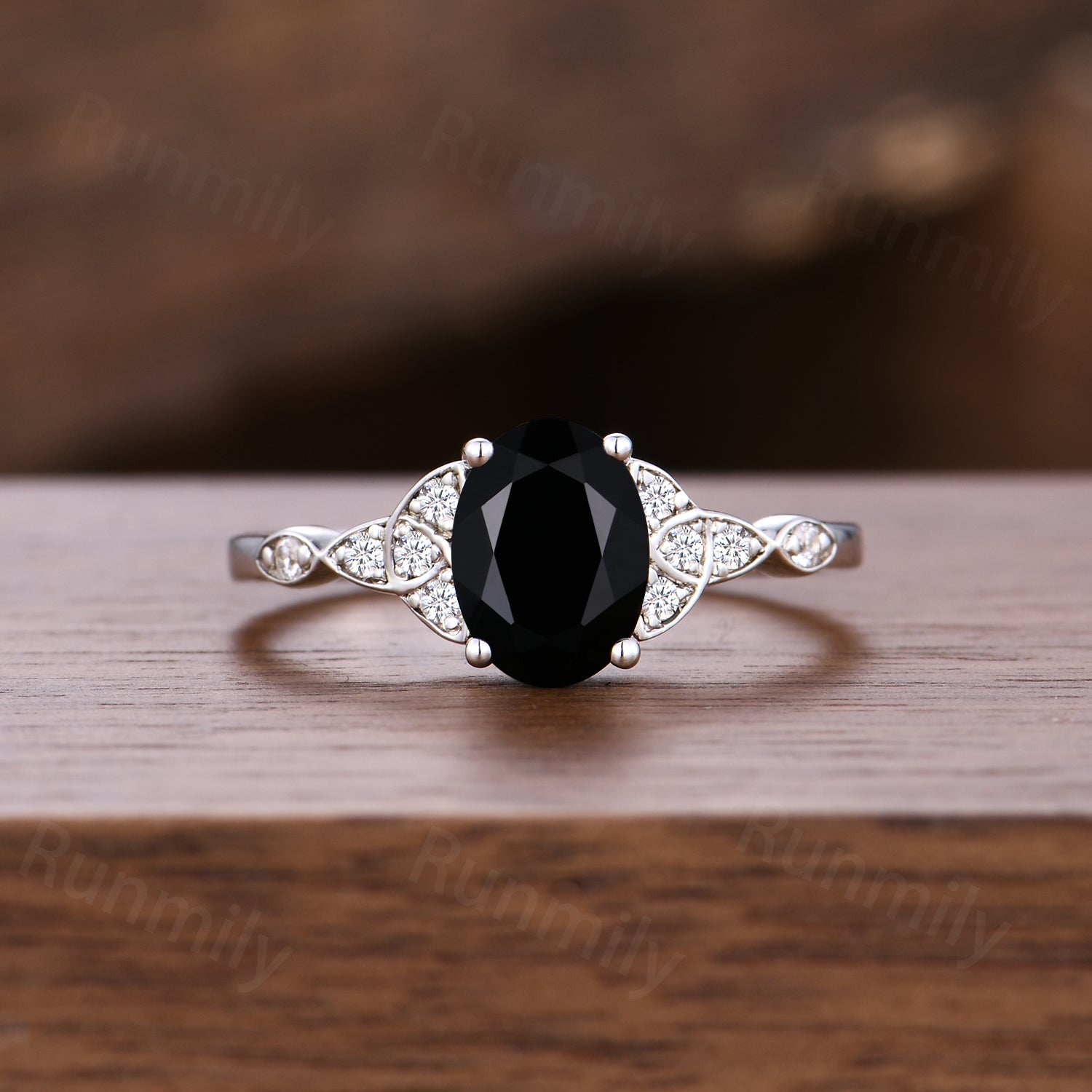 Celtic Knot Black Onyx Engagement Ring Set Unique White Gold Moissanite Bridal Ring Set Double Wedding Enhancer Band Anniversary Ring