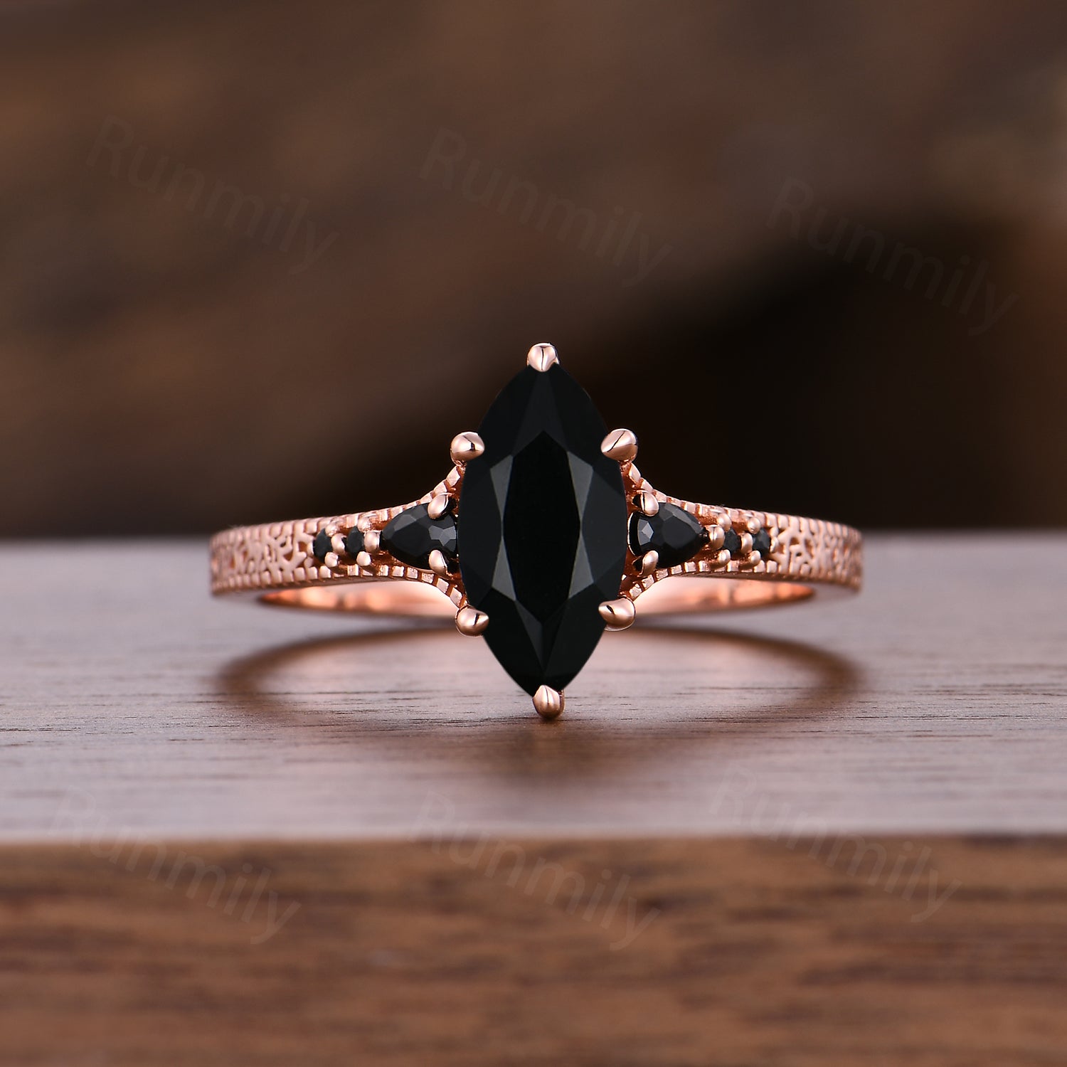 Art Deco Filigree Black Onyx Engagement Ring, Vintage Marquise Cut Black Onyx Ring For Women, Rose Gold Anniversary Ring