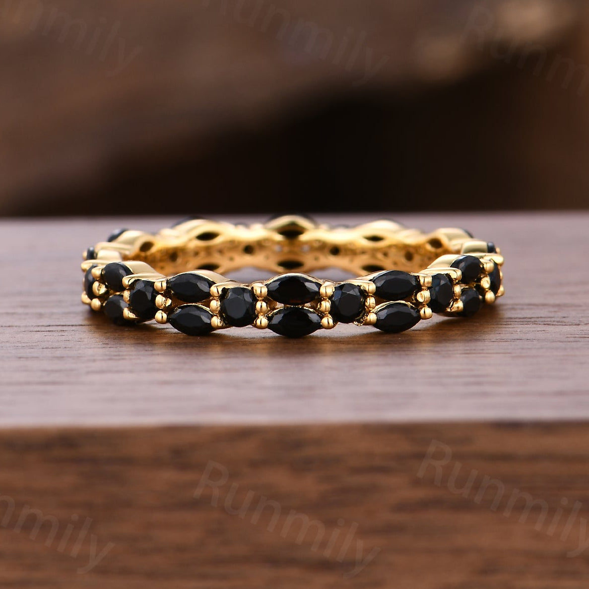 Marquise cut black spinel wedding band Eternity solid yellow gold wedding ring Gothic stacking matching band Anniversary ring