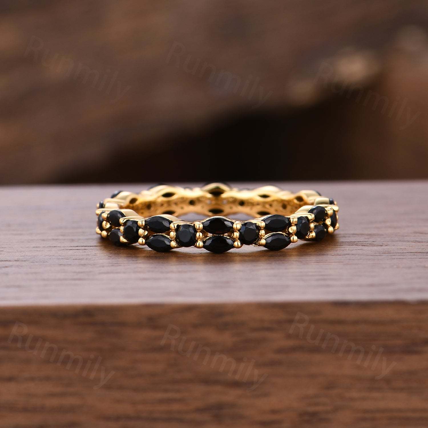 Marquise cut black spinel wedding band Eternity solid yellow gold wedding ring Gothic stacking matching band Anniversary ring