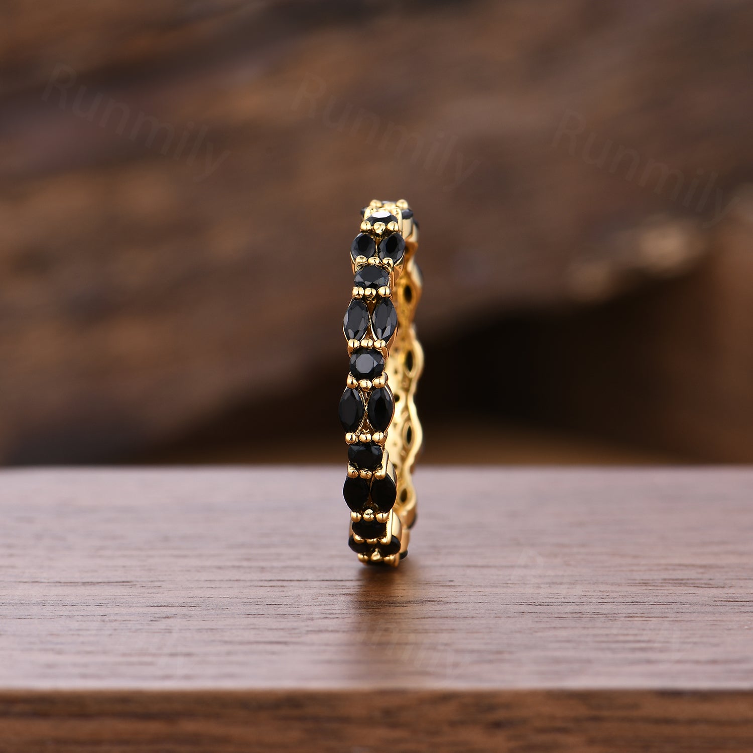 Marquise cut black spinel wedding band Eternity solid yellow gold wedding ring Gothic stacking matching band Anniversary ring
