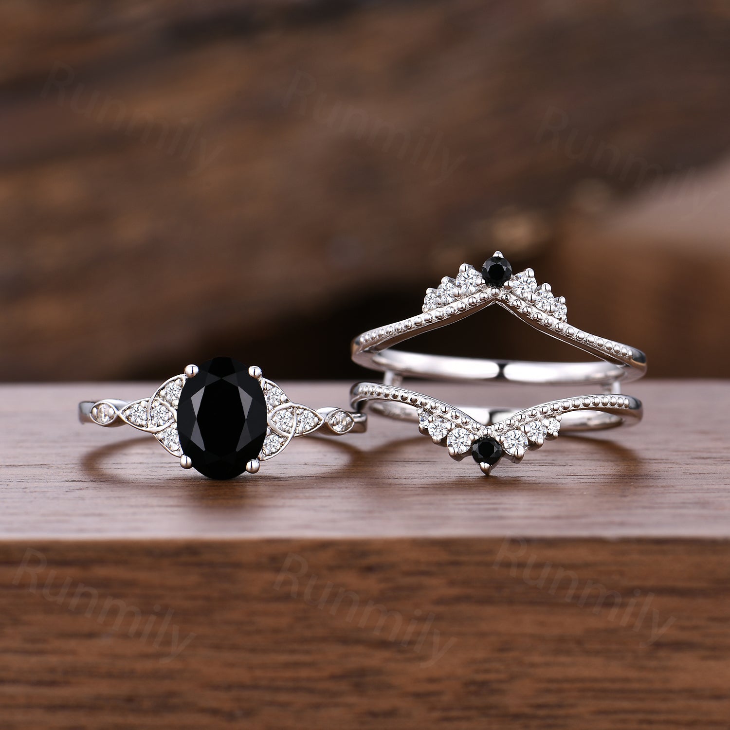 Celtic Knot Black Onyx Engagement Ring Set Unique White Gold Moissanite Bridal Ring Set Double Wedding Enhancer Band Anniversary Ring