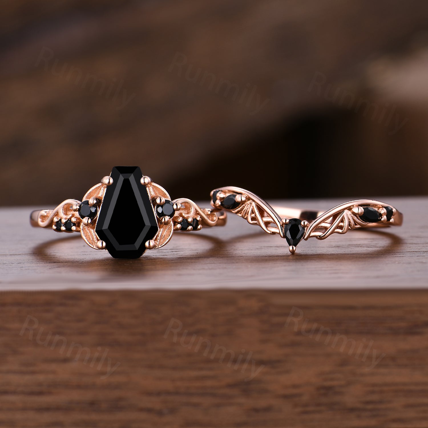 Coffin Cut Black Onyx Engagement Ring Set Spider Web Black Gem Wedding Rings Gothic Witchy Ring For Women Unique Anniversary Ring