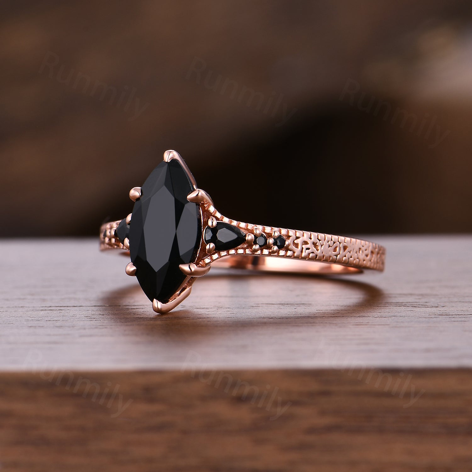 Art Deco Filigree Black Onyx Engagement Ring, Vintage Marquise Cut Black Onyx Ring For Women, Rose Gold Anniversary Ring