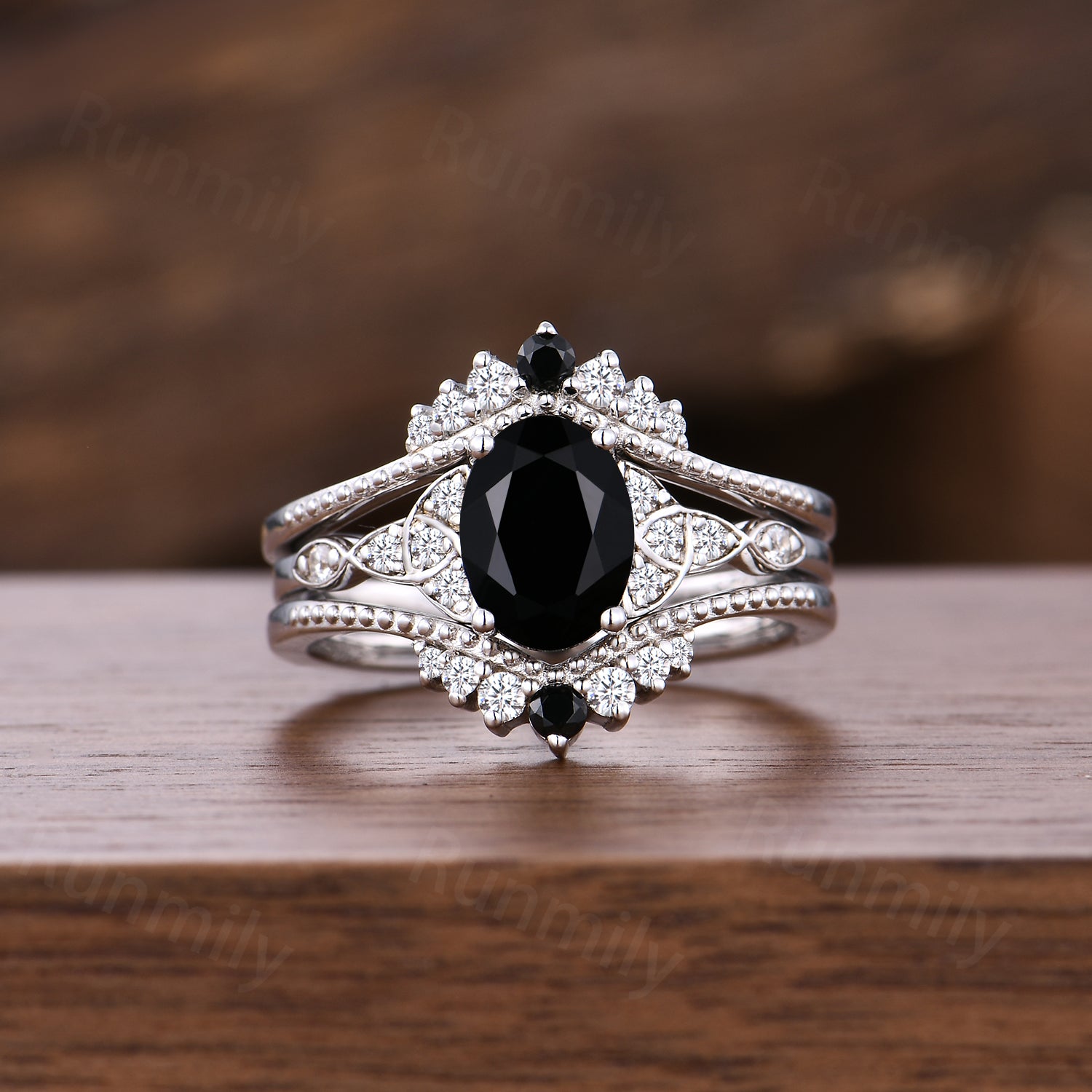 Celtic Knot Black Onyx Engagement Ring Set Unique White Gold Moissanite Bridal Ring Set Double Wedding Enhancer Band Anniversary Ring