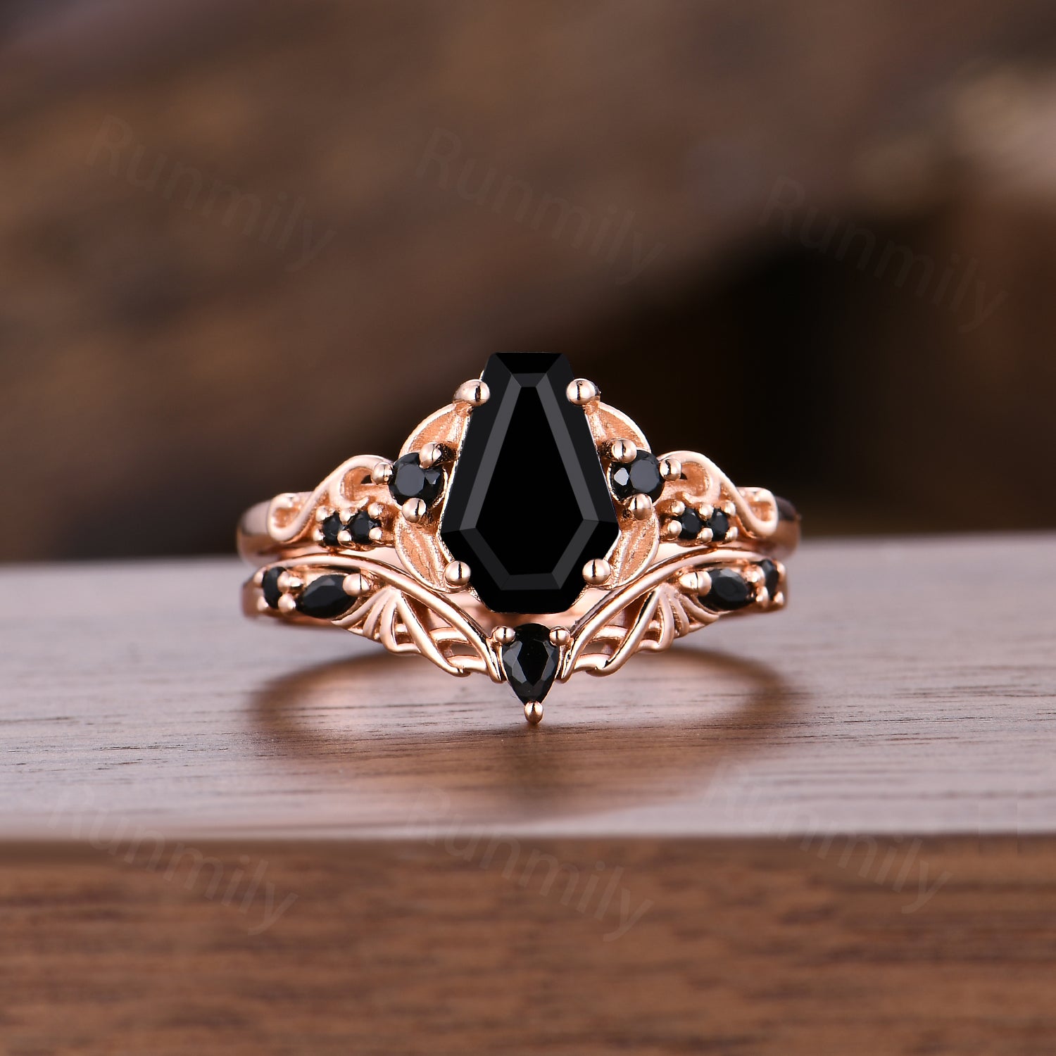 Coffin Cut Black Onyx Engagement Ring Set Spider Web Black Gem Wedding Rings Gothic Witchy Ring For Women Unique Anniversary Ring