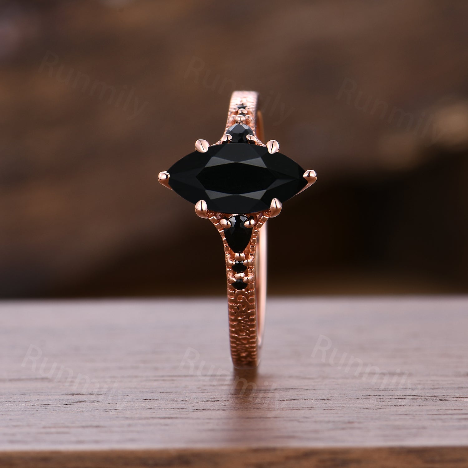 Art Deco Filigree Black Onyx Engagement Ring, Vintage Marquise Cut Black Onyx Ring For Women, Rose Gold Anniversary Ring