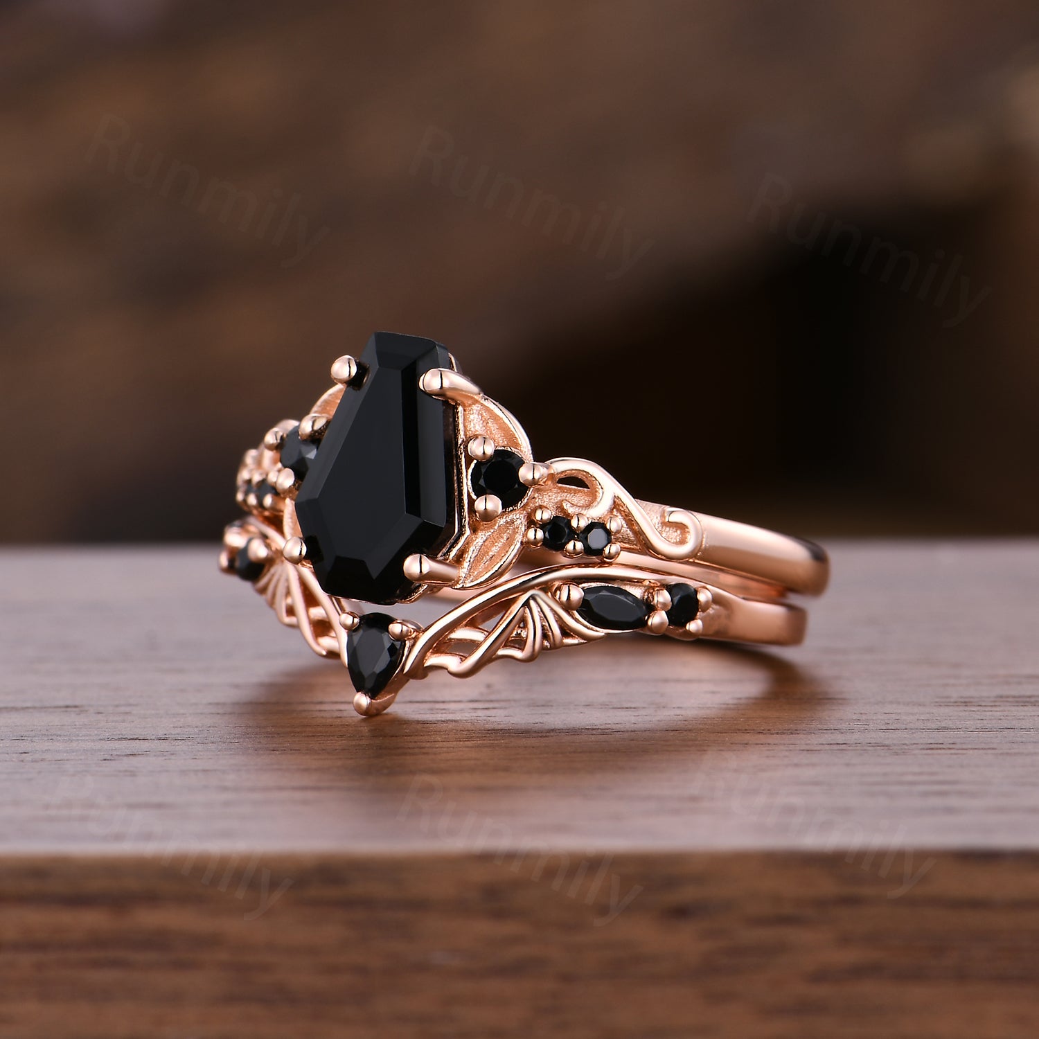 Coffin Cut Black Onyx Engagement Ring Set Spider Web Black Gem Wedding Rings Gothic Witchy Ring For Women Unique Anniversary Ring