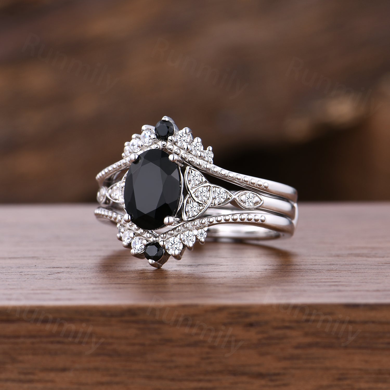 Celtic Knot Black Onyx Engagement Ring Set Unique White Gold Moissanite Bridal Ring Set Double Wedding Enhancer Band Anniversary Ring