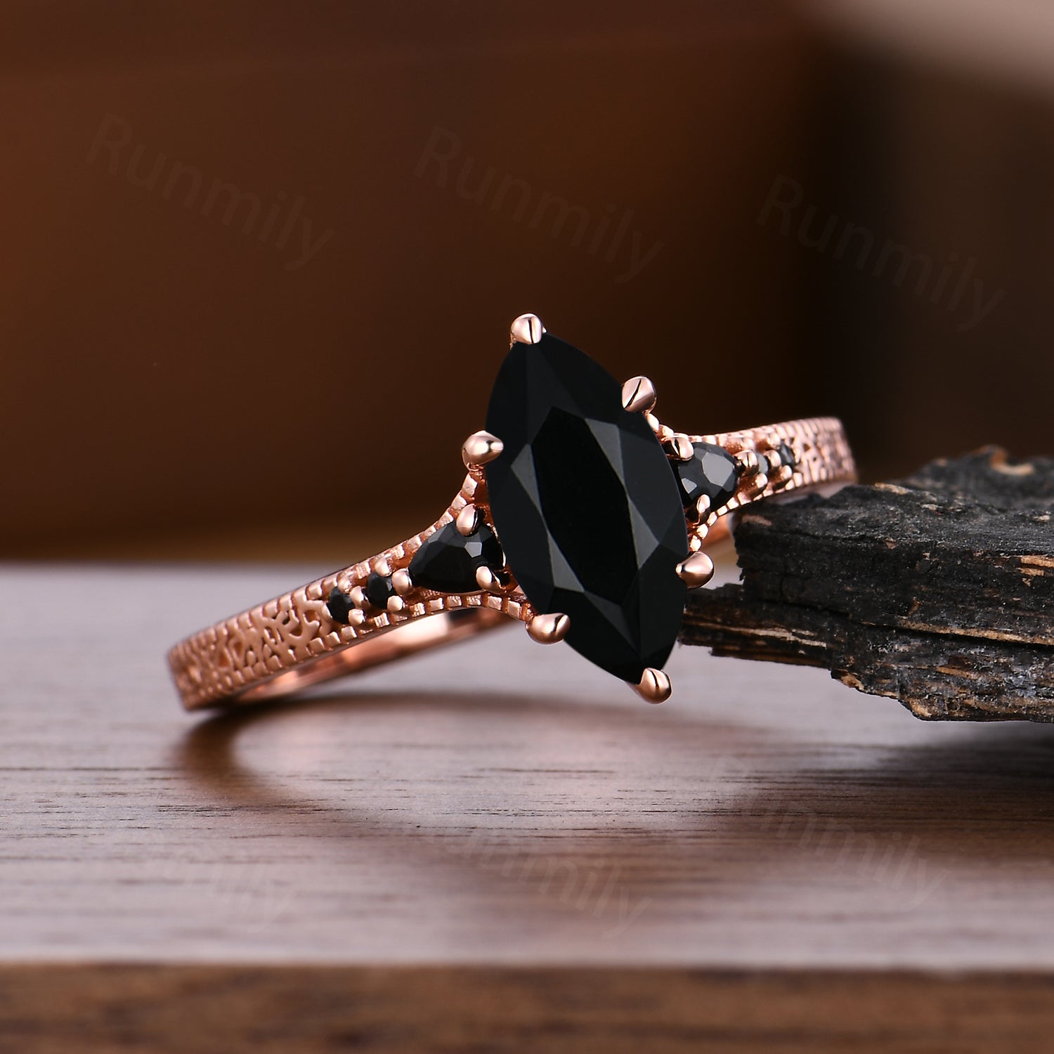 Art Deco Filigree Black Onyx Engagement Ring, Vintage Marquise Cut Black Onyx Ring For Women, Rose Gold Anniversary Ring
