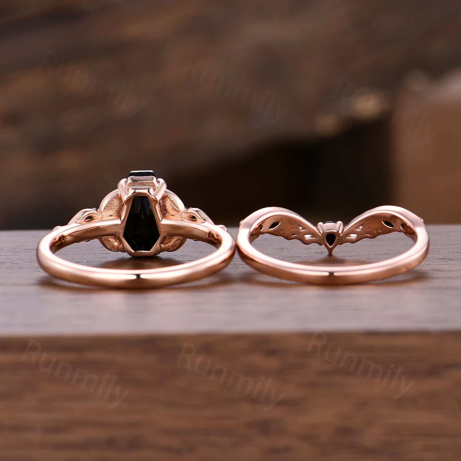 Coffin Cut Black Onyx Engagement Ring Set Spider Web Black Gem Wedding Rings Gothic Witchy Ring For Women Unique Anniversary Ring