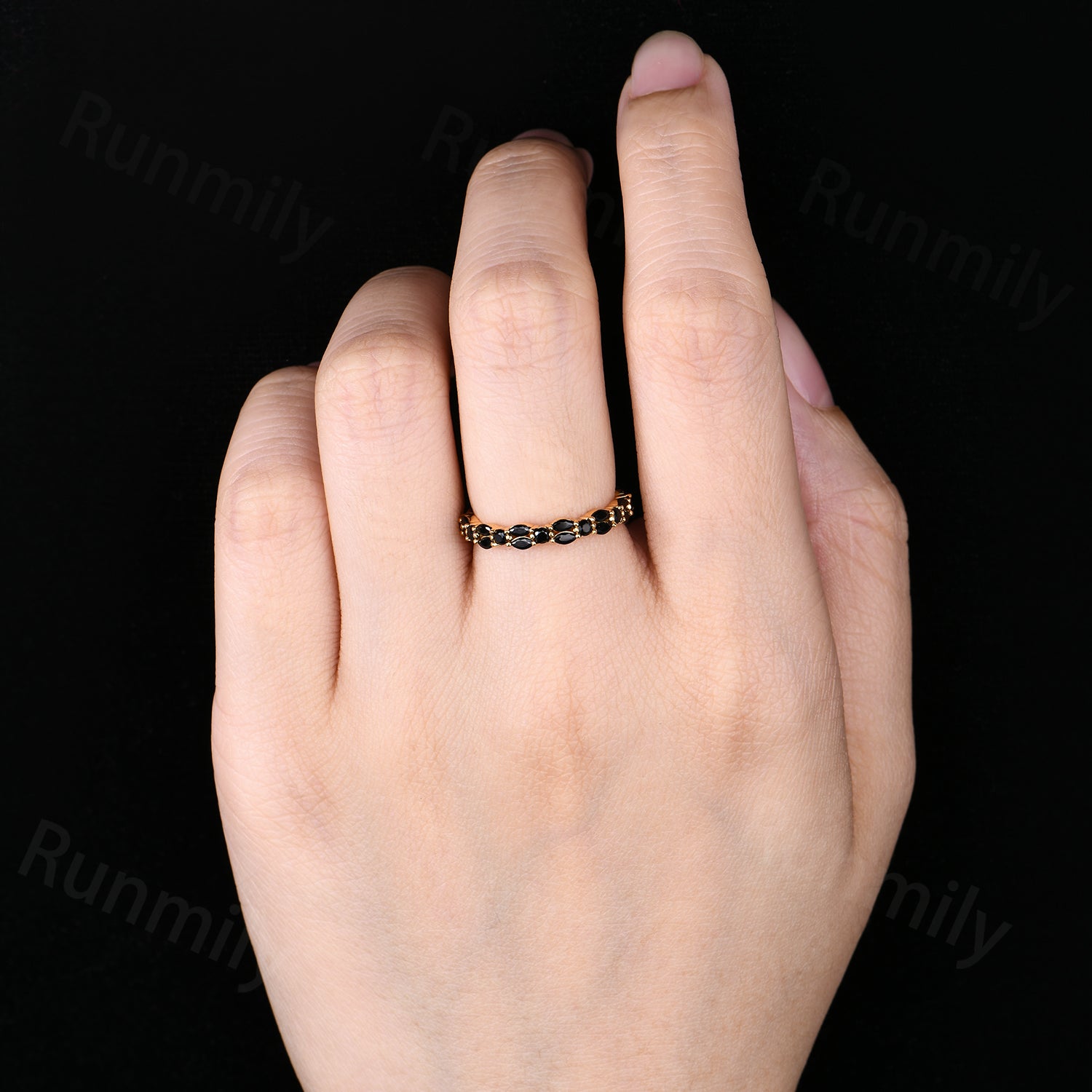 Marquise cut black spinel wedding band Eternity solid yellow gold wedding ring Gothic stacking matching band Anniversary ring